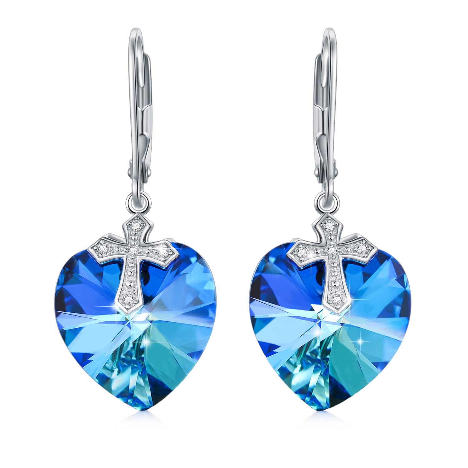 Leverback Earrings Sterling Silver Butterfly Cross Angel Wings Dangle Drop Earrings with Austrian Crystals - Elegant Jewelry Gift for Women & Girls - Perfect for Mother's Day, Weddings, Parties & Special Occasions