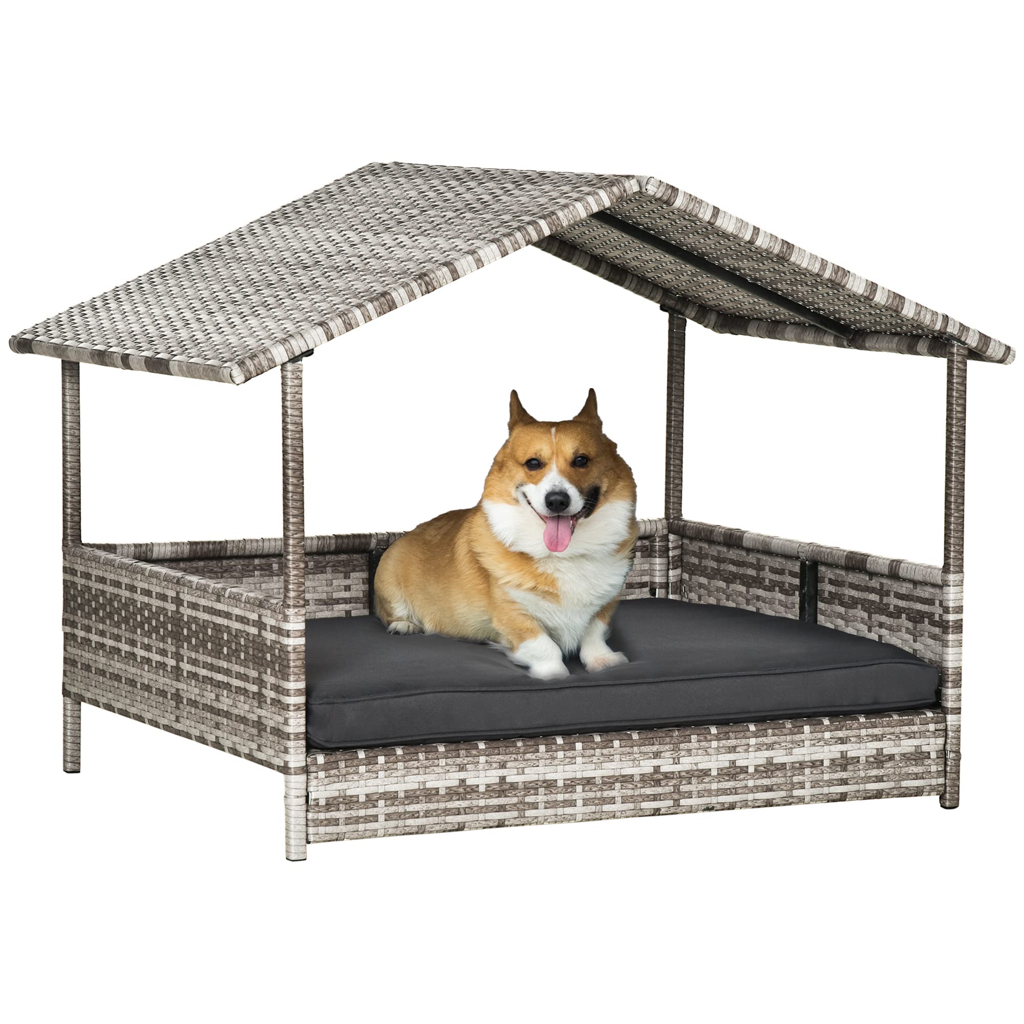 PawHut Outdoor Wicker Dog House with Canopy - Rattan Pet Bed with Waterproof Cushion - Elevated Dog Bed for Small & Medium Dogs up to 66 lbs (19.75