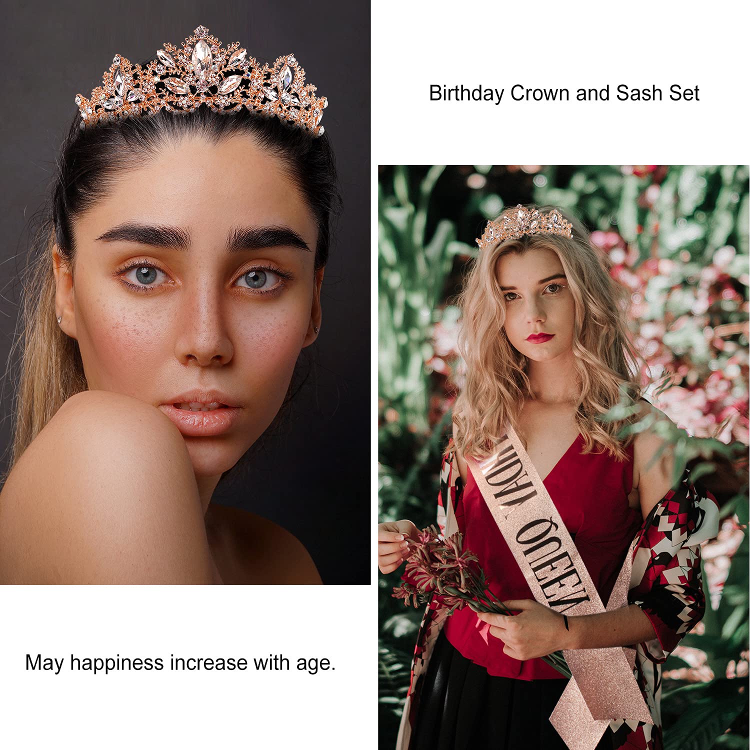 Elegant Rose Gold Birthday Crowns & Tiaras for Women - Princess Style Birthday Queen Sash Set for Weddings, Prom, Halloween Parties & Special Celebrations | Perfect for Birthday Queens, Bridal Showers & Costume Events
