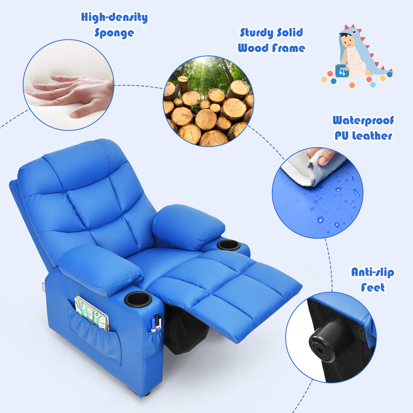 Kids Recliner Chair with 2 Cup Holders & 3 Pockets - Adjustable PU Leather Toddler Sofa for Boys Girls Age 3+ (Blue) - Perfect for Playroom, Bedroom, Movie Nights & Relaxation