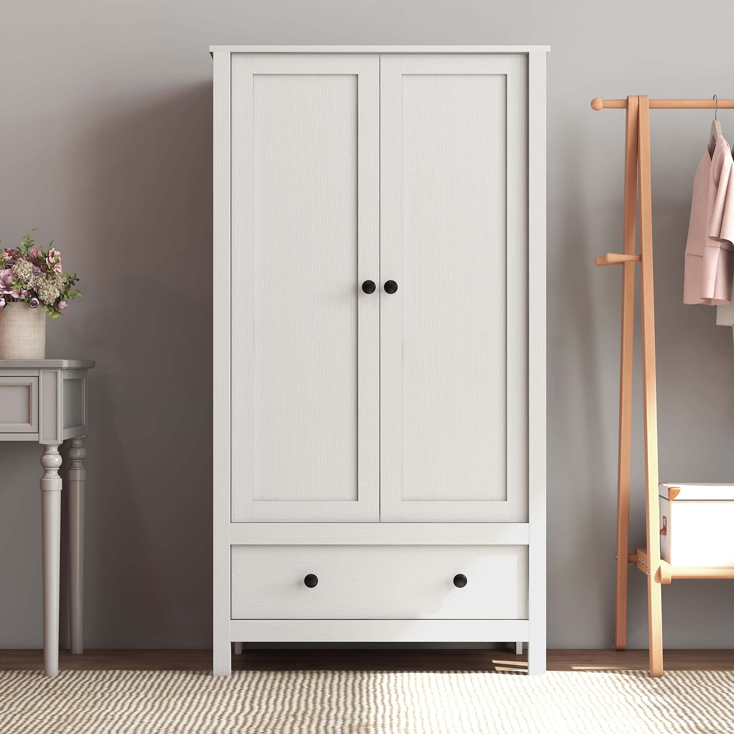 Panana 2 Door Wardrobe Closet with Drawer - White Wooden Armoire for Bedroom Storage | Perfect for Organizing Clothes, Shoes & Accessories in Master Bedroom, Guest Room or Dorm
