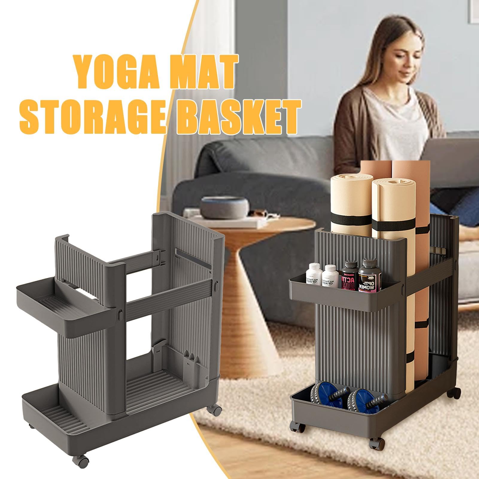 Premium Yoga Mat Storage Basket & Gym Equipment Holder with Wheels - Space-Saving Workout Gear Organizer for Kettlebells, Dumbbells, Foam Rollers & Yoga Blocks - Perfect for Home Gyms & Fitness Studios (Black)