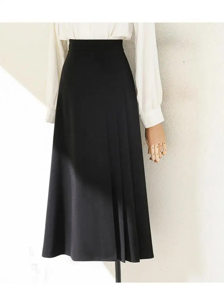 Vintage High Waist Pleated Wool Skirt for Women - Black & Grey A-Line Long Skirt, Elegant Winter Party Wear, Fall Festival Fashion, Office to Evening Outfits