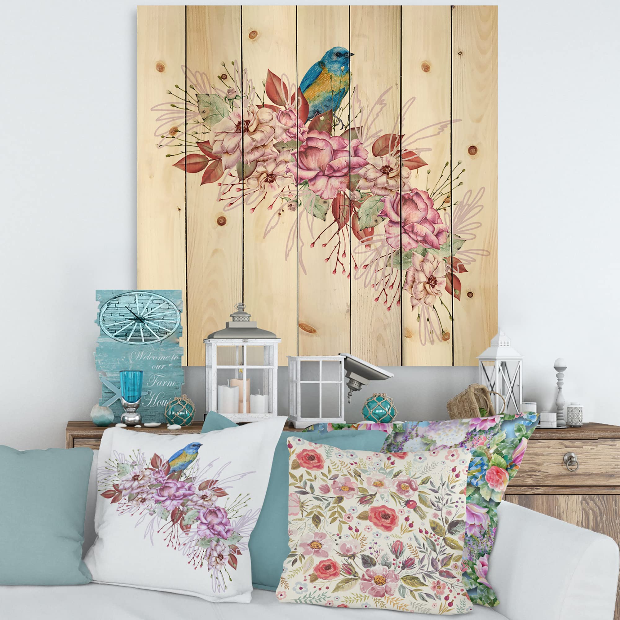 DesignQ Blue Bird on Flower Branch Wood Wall Decor - Traditional Purple Wood Wall Art, Large Animal Wood Panels Printed on Natural Pine - Perfect for Living Room, Bedroom & Office Decor