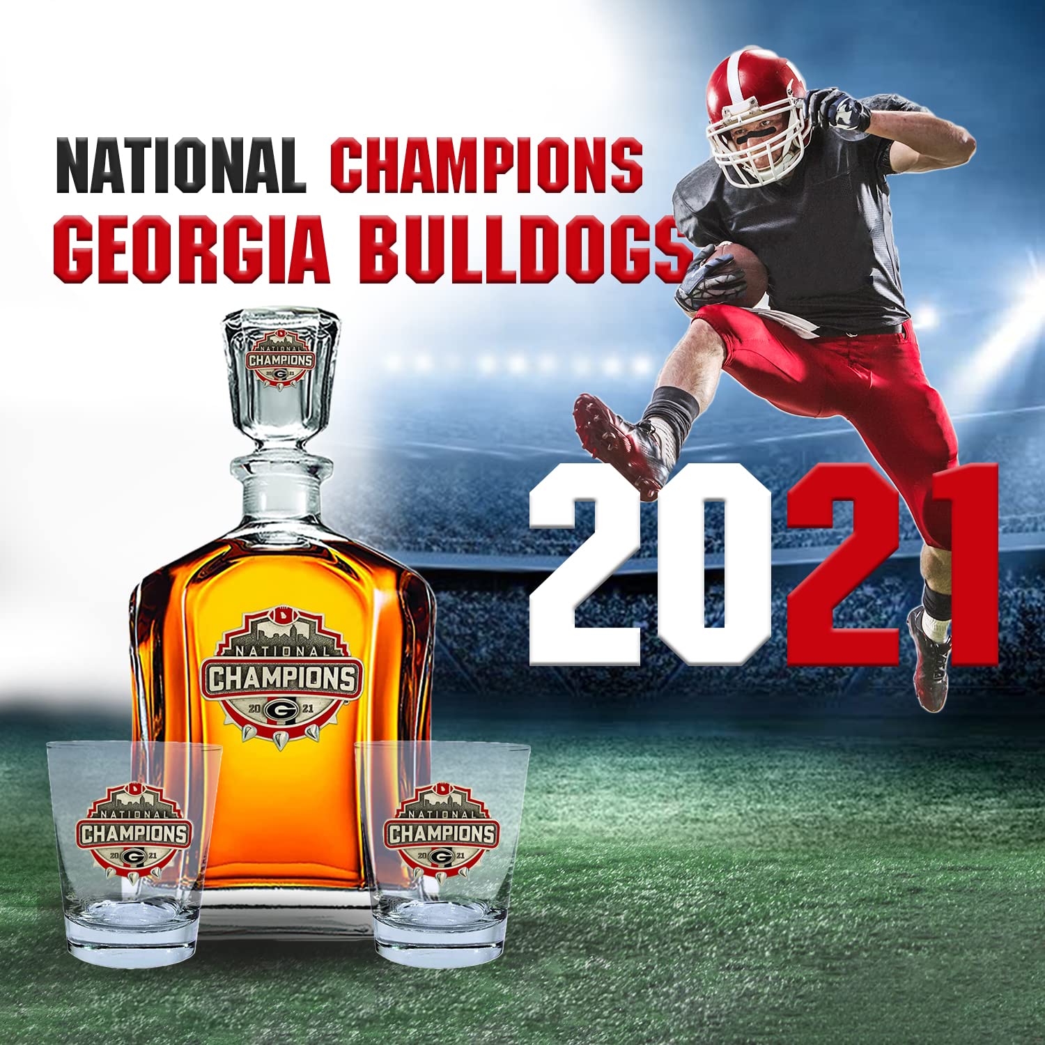 Georgia Bulldogs 2021-2022 National Champions Decanter Set with 2 Double Old-Fashioned Glasses - 24oz Pewter Pourer & Spike Logo - Perfect for Game Day Celebrations & Home Bar Decor