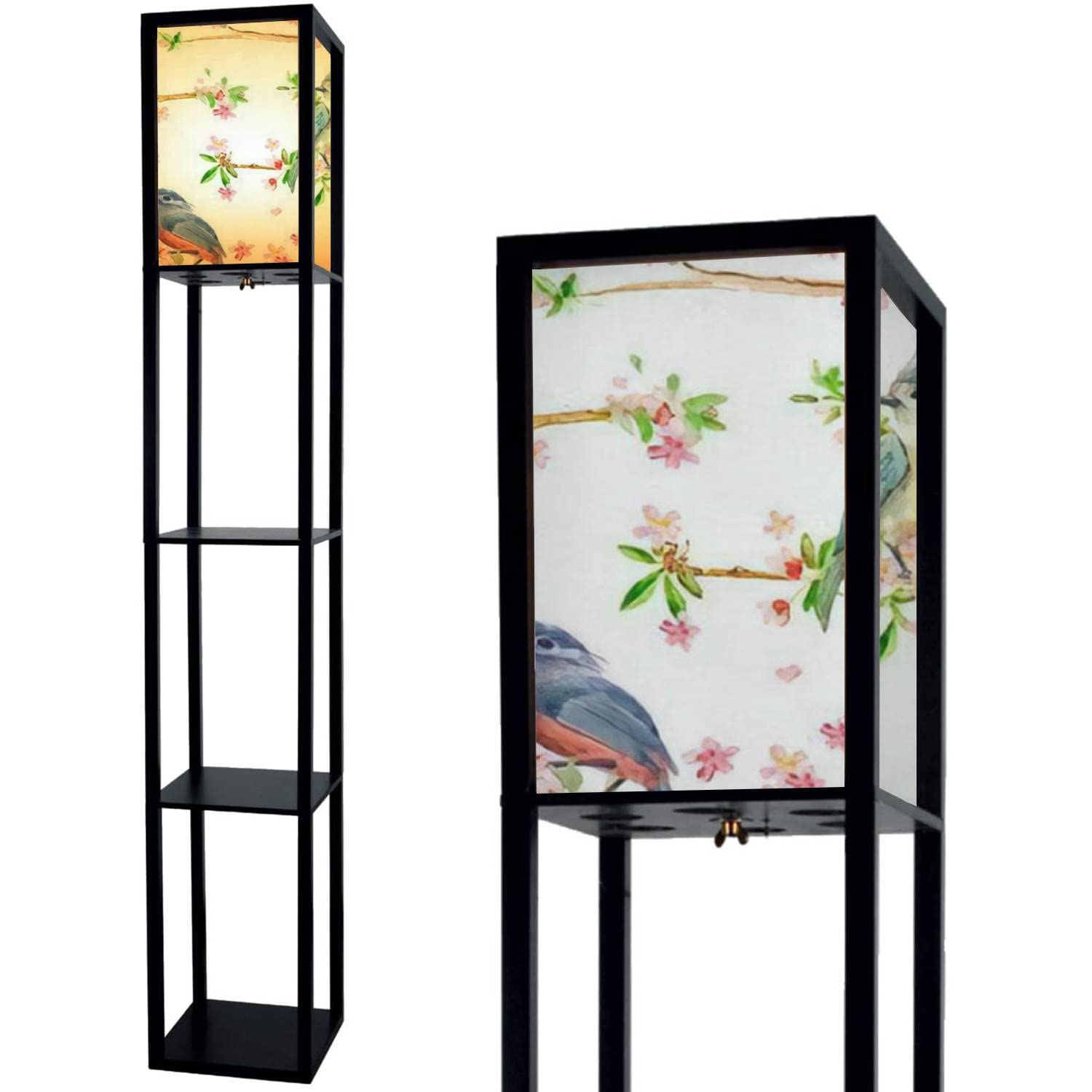 Elegant Seamless Texture Floral Bird Design Standing Lamp with Shelves & Flaxen Fabric Shade - Tall Floor Lamp for Living Room, Bedroom, Office - Perfect Corner Lighting for Home Decor & Reading Nook