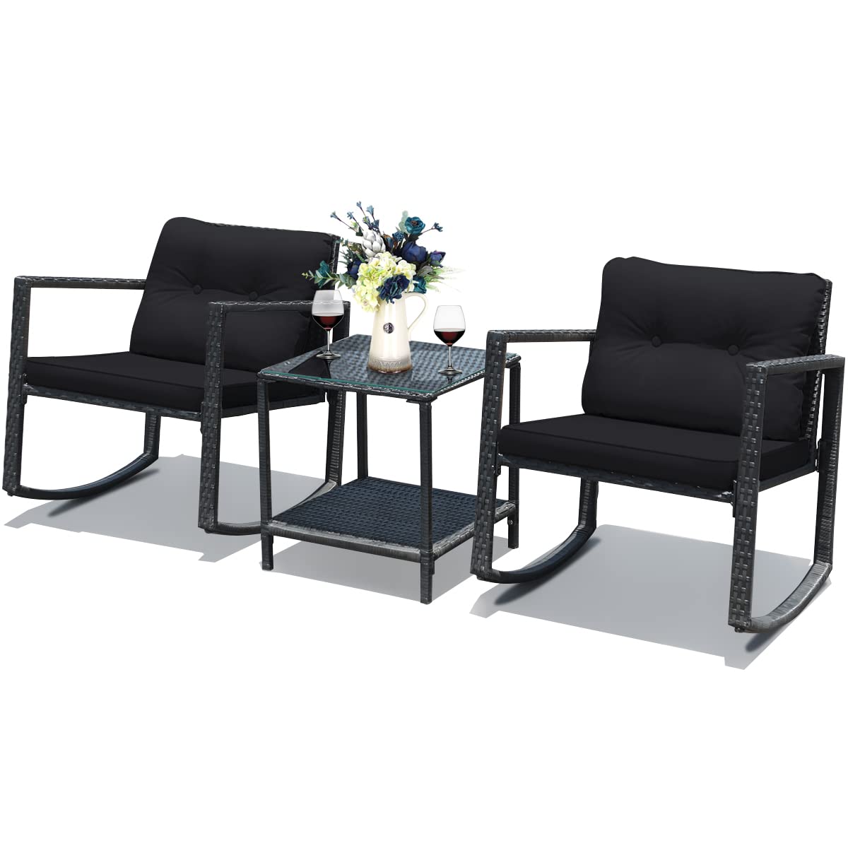 Tangkula 3-Piece Outdoor Wicker Rocking Bistro Set with Cushioned Seats, Glass Coffee Table & Storage Shelf - Black Patio Furniture for Garden, Porch or Backyard Relaxation