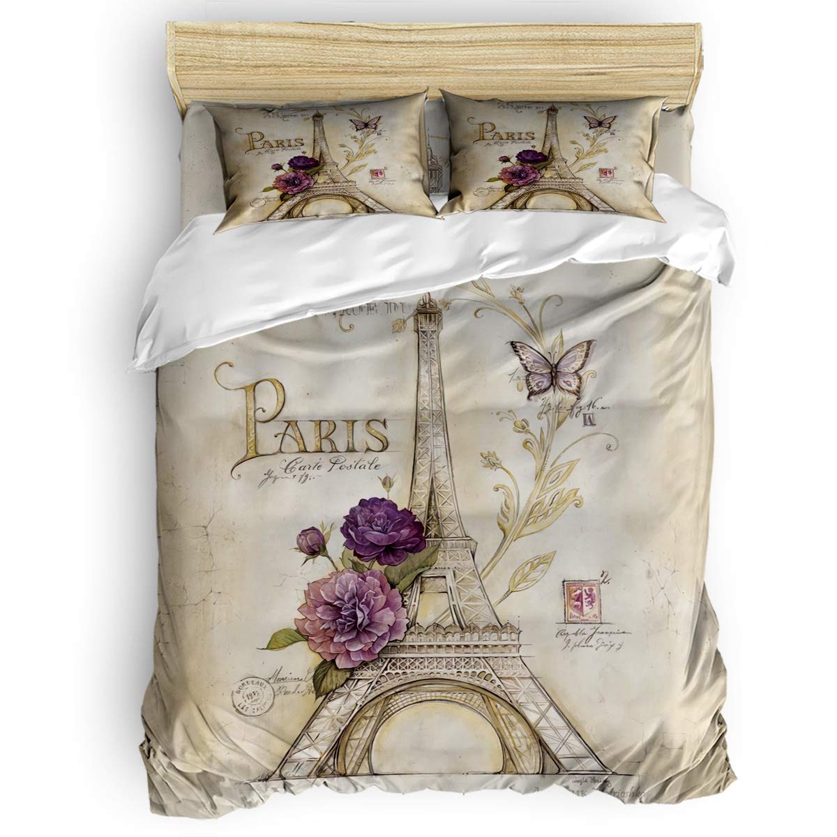 Millxiu Vintage Paris Themed 4-Piece King Bedding Set - Light Brown Eiffel Tower Luxury Duvet Cover, Bed Sheet & 2 Pillowcases | Perfect for Teens, Women, Boys & Girls Bedrooms | Cozy Sleep & Parisian Style Home Decor
