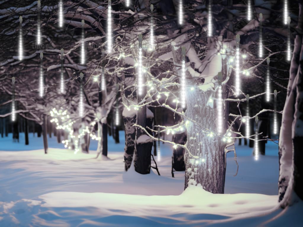30cm 8 Tubes 192 LED Meteor Shower Lights - Outdoor Christmas Rain Lights with Transformer | White Snowfall Fairy Lights for Wedding, Party & Tree Decorations | Perfect for Garden, Yard, and Holiday Displays