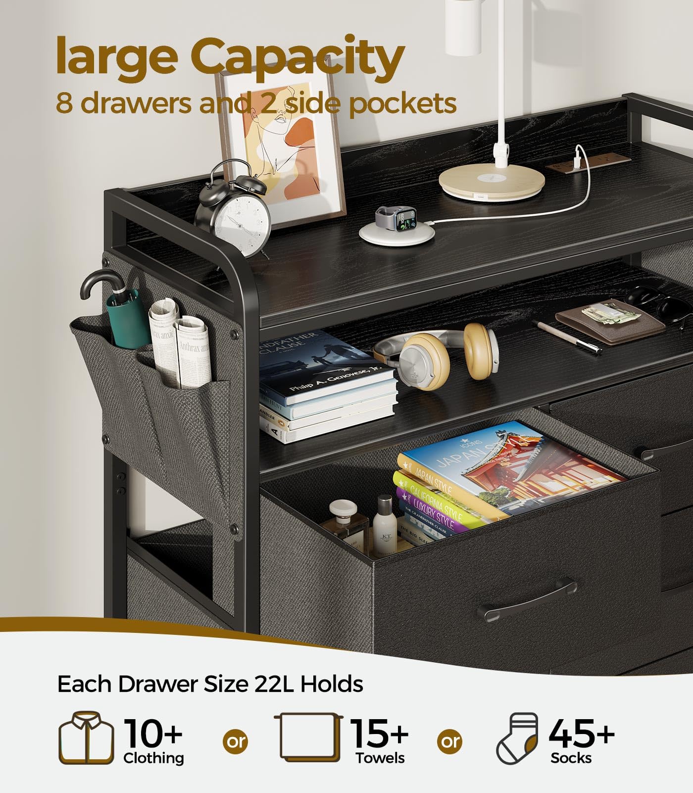 Rolanstar 8-Drawer Dresser with Power Outlets & LED Lights, Fabric Storage Chest with PU Finish, Sturdy Wood Top Frame & Side Pockets - Modern Tall Bedroom Dresser for Clothes Organization & Home Decor (Black)