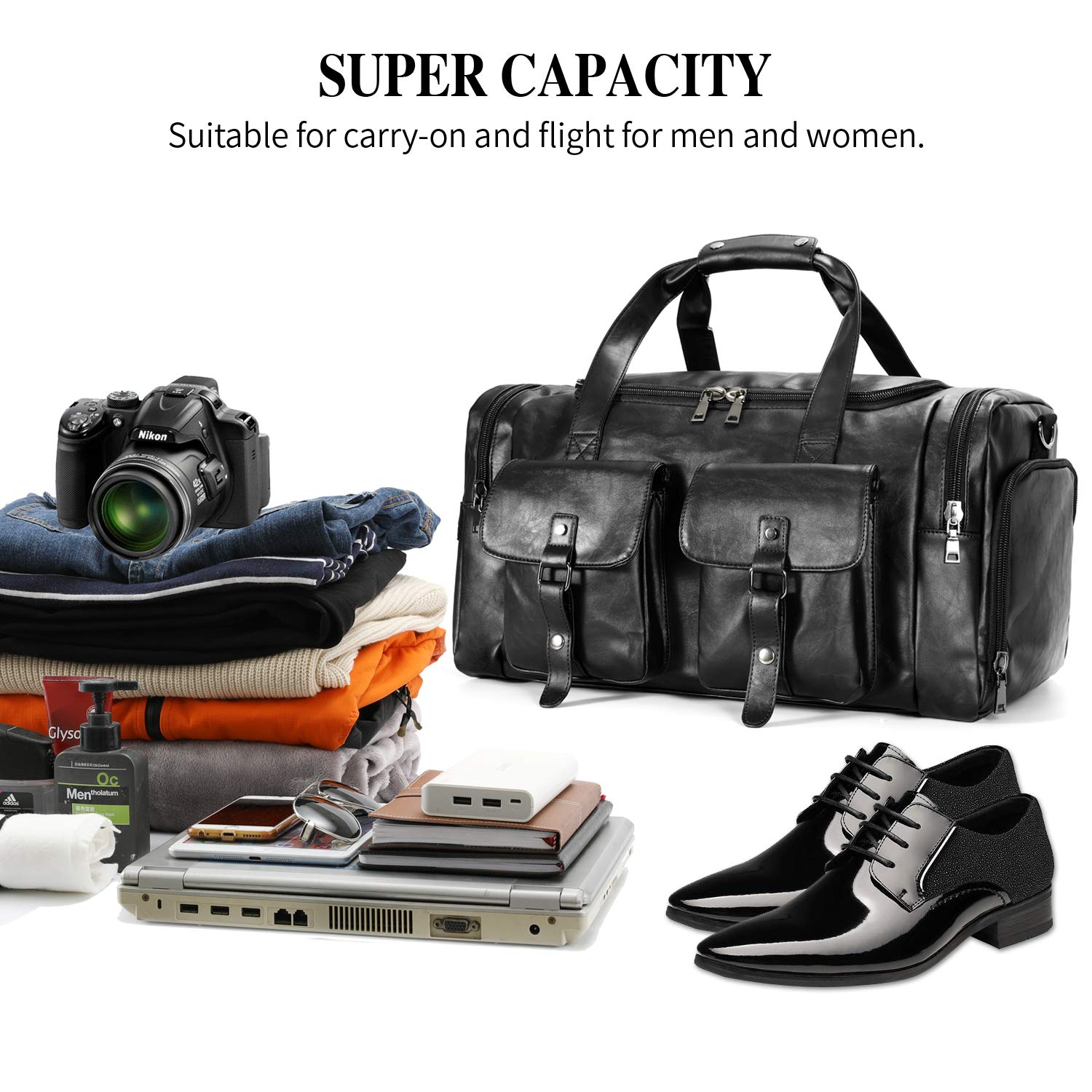 Premium PU Leather Travel Duffel Bag with Detachable Shoe Compartment - Lightweight Carry-On Weekender Overnight Bag for Men & Women (Black) - Perfect for Gym, Business Trips & Weekend Getaways