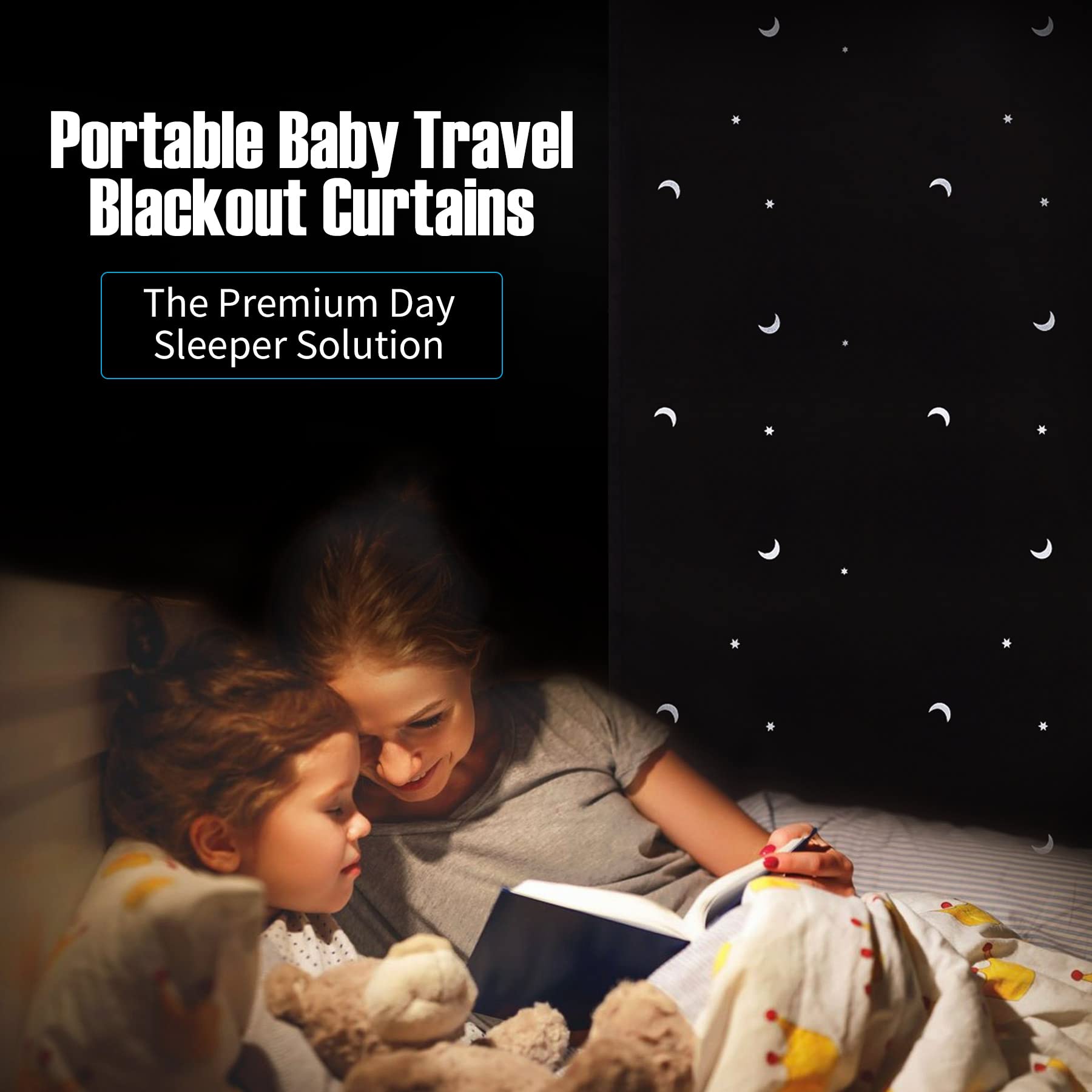 Goabroa Blackout Curtains 78x50 Inches - Adjustable Temporary Window Shades with Suction Cups, Polyester Room Darkening Curtains for Bedroom, Nursery, Dorm (Moon & Stars Pattern) - Perfect for Daytime Naps, Light Sensitivity & Shift Workers