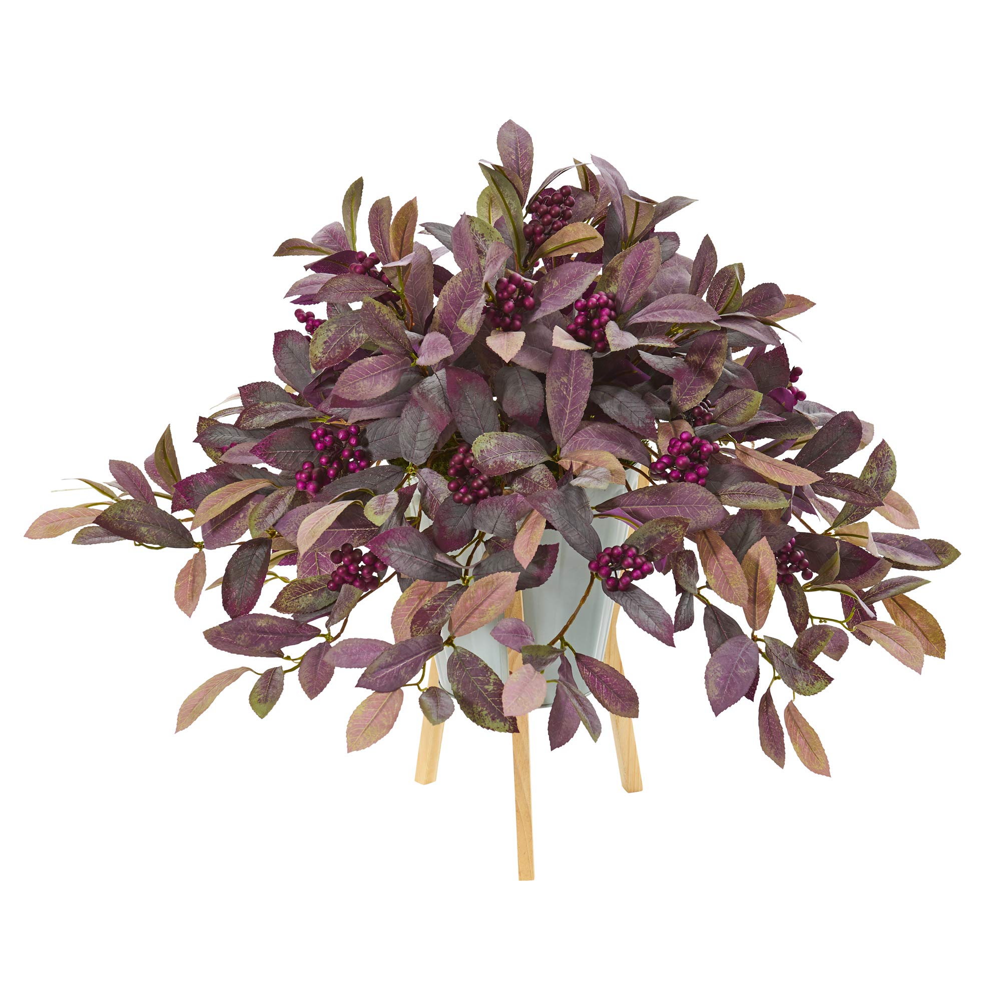Nearly Natural 24in Artificial Fall Laurel with Berries - Silk Green Plant in Decorative Planter with Stand - Perfect for Home, Office, and Seasonal Decor
