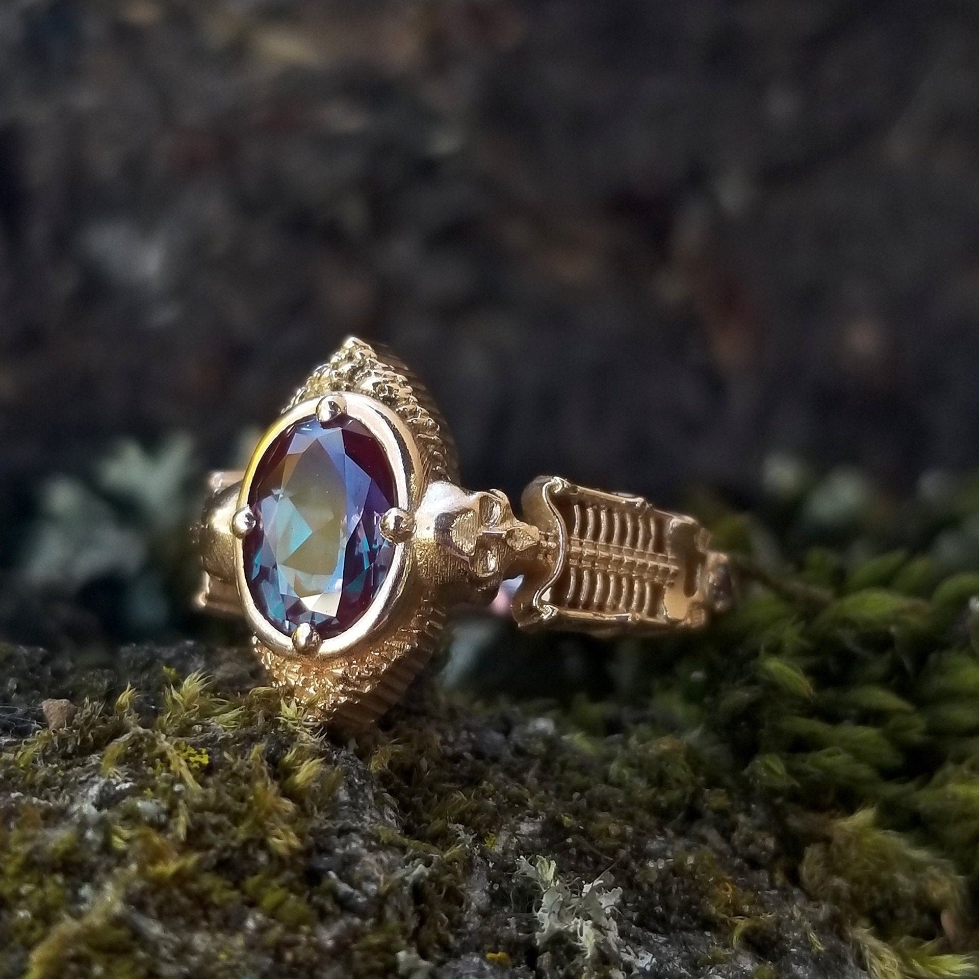 14k Rose Gold Haunted Catacomb Gothic Skeleton Engagement Ring - Unique Alexandrite Wedding Band for Alternative Brides & Dark Romance Lovers | Perfect for Gothic Weddings, Halloween Proposals & Vampire-Themed Anniversaries