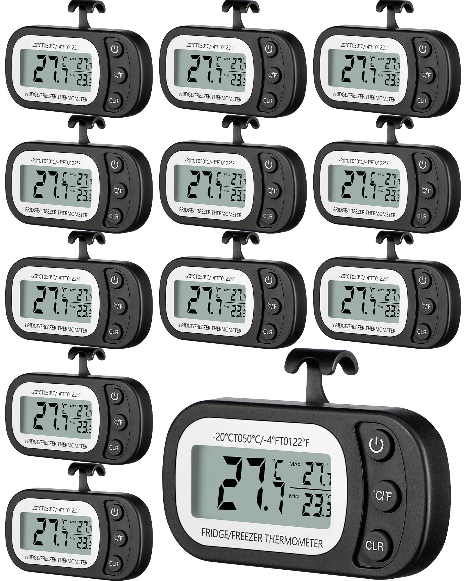 Frienda 12 Pack Digital Fridge Thermometer - Waterproof Refrigerator & Freezer Thermometer with Max/Min Record Function, LCD Screen, Hook & Magnetic Back - Ideal for Home Kitchen, Grocery Stores & Food Safety Monitoring (Black)
