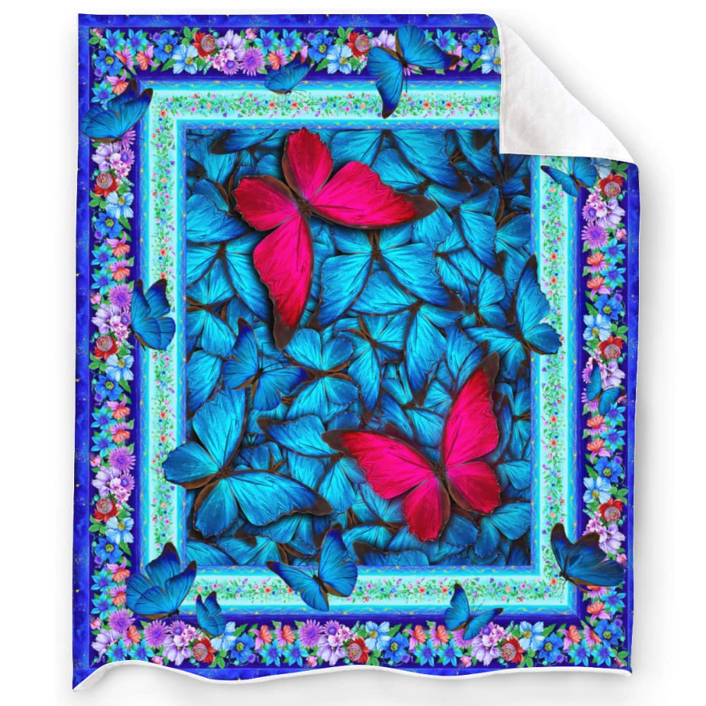 Bohemian Blue Red Butterfly Fleece Throw Blanket - Soft Plush Weighted Blanket for Couch, Bed, Living Room - Perfect for Cozy Evenings, Home Decor & Gift Giving