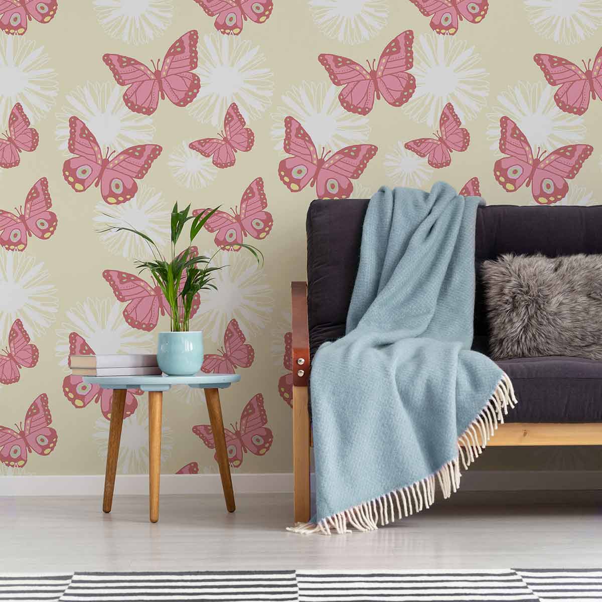Pink Butterfly Peel and Stick Removable Wallpaper - Self-Adhesive Decorative Wall Covering for Bedroom, Nursery, Kids Room & Home Decor