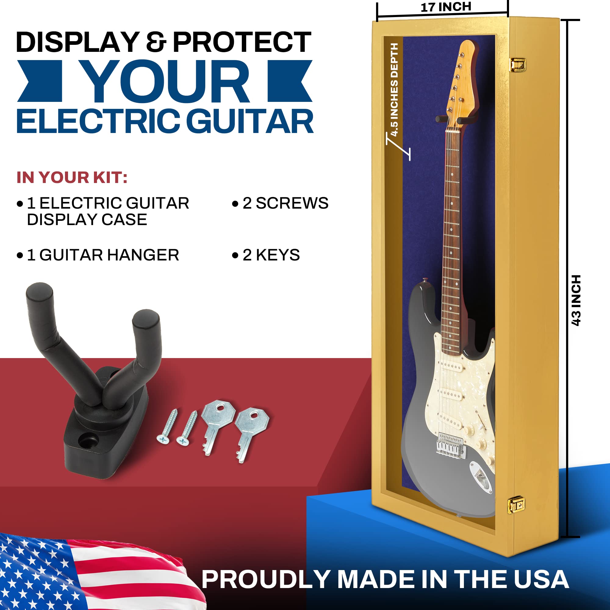 Premium Acrylic Electric Guitar Display Case with Hardwood Frame - Wall Mount Guitar Case in Golden Oak & Blue Felt - Perfect for Home, Studio & Music Store Displays