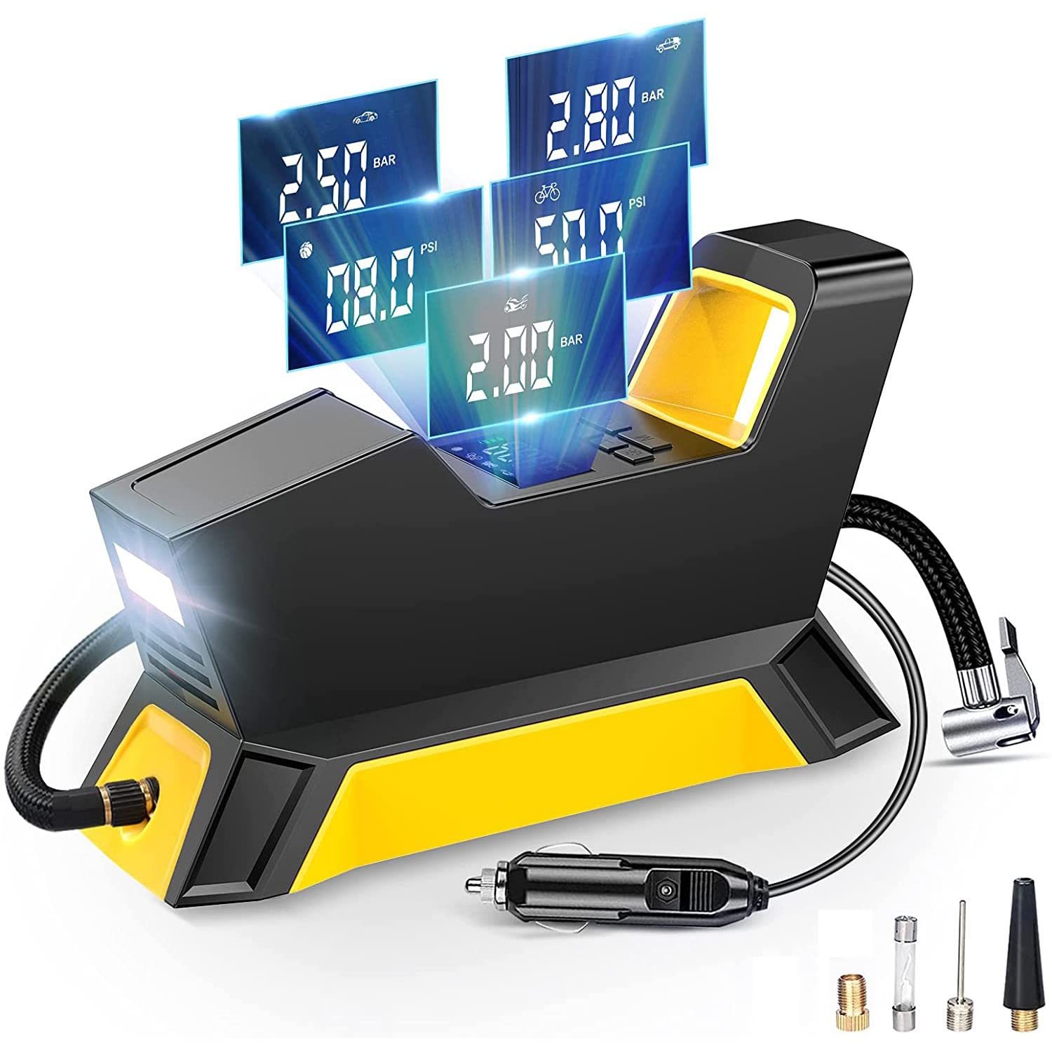 Portable 12V DC Mini Air Pump with Digital Pressure Gauge - 150PSI Auto Inflator for Car Tires, Bicycle, Motorcycle, Basketball & Inflatables | Compact Travel Pump for Emergency, Camping & Sports Use