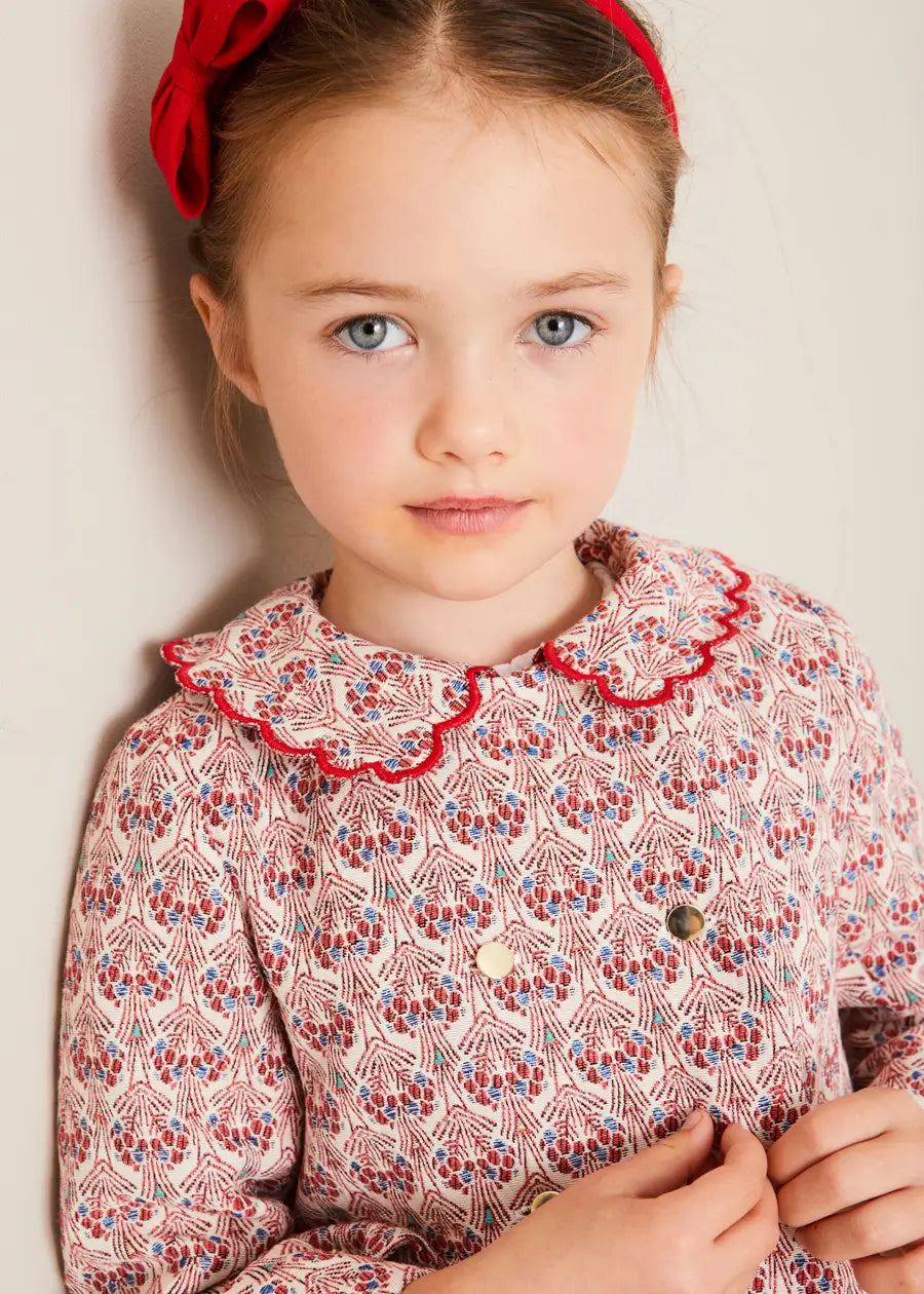 Red Iris Jacquard Statement Collar Jacket for Girls (4-12 Years) - Elegant Party Wear & Special Occasion Outfit