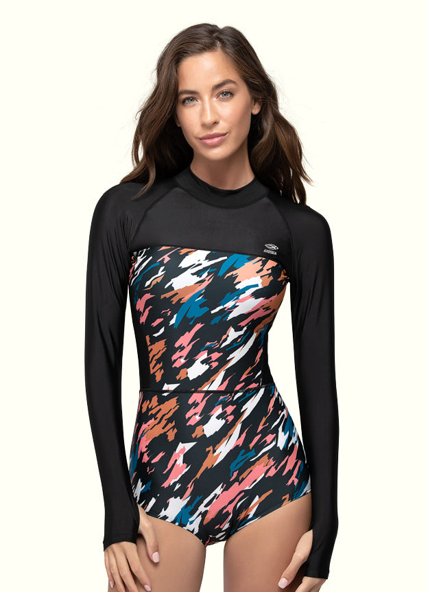 Women's Tides Back Zipper Long Sleeve One Piece Swimsuit - Sexy High Neck Bathing Suit for Beach, Pool & Water Sports