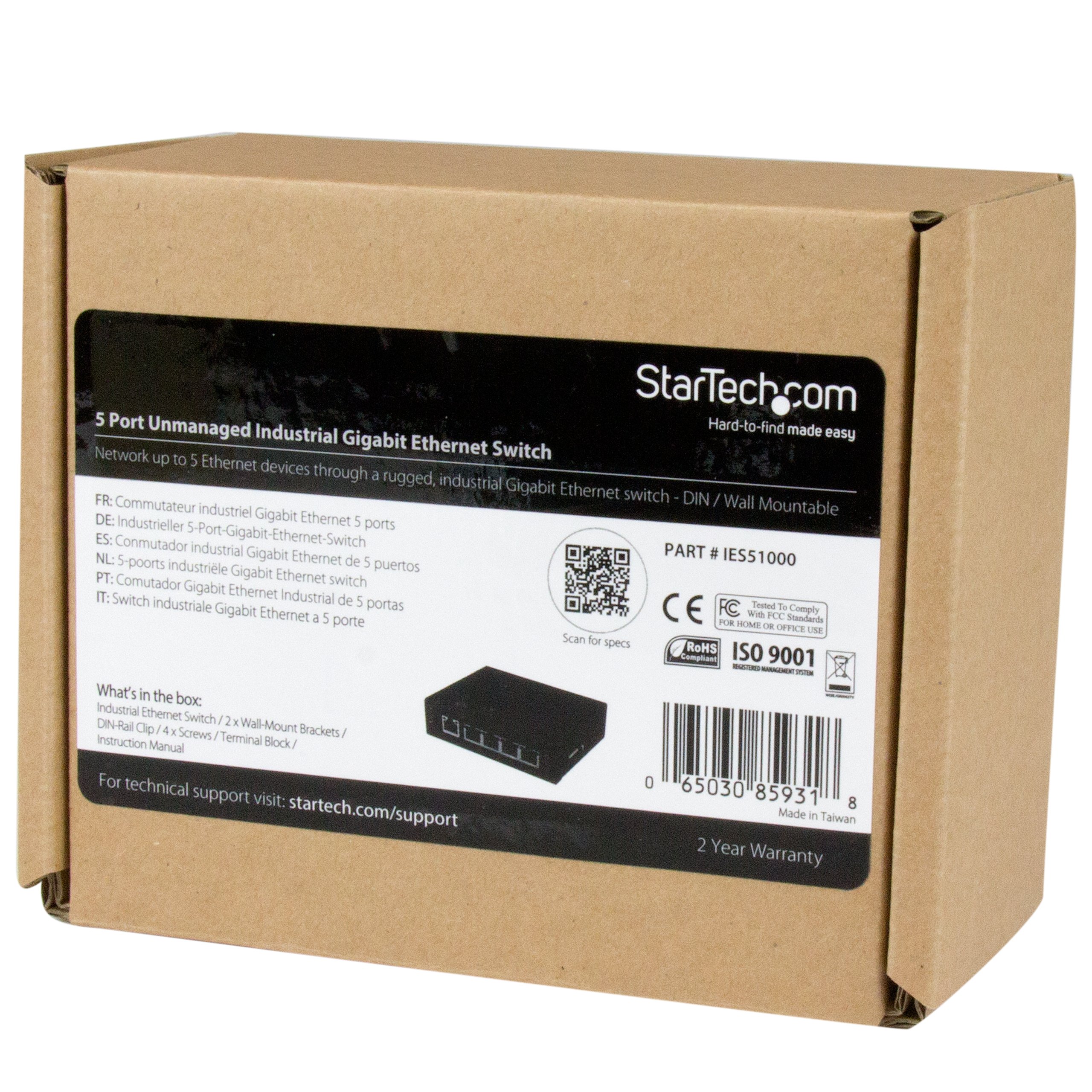 StarTech.com 5 Port Industrial Gigabit Ethernet Switch - DIN Rail & Wall Mountable - Rugged IP30 Unmanaged Network Switch for Harsh Environments - TAA Compliant (IES51000) | Ideal for Factory Automation, Warehouse Networking & Industrial IoT Applications