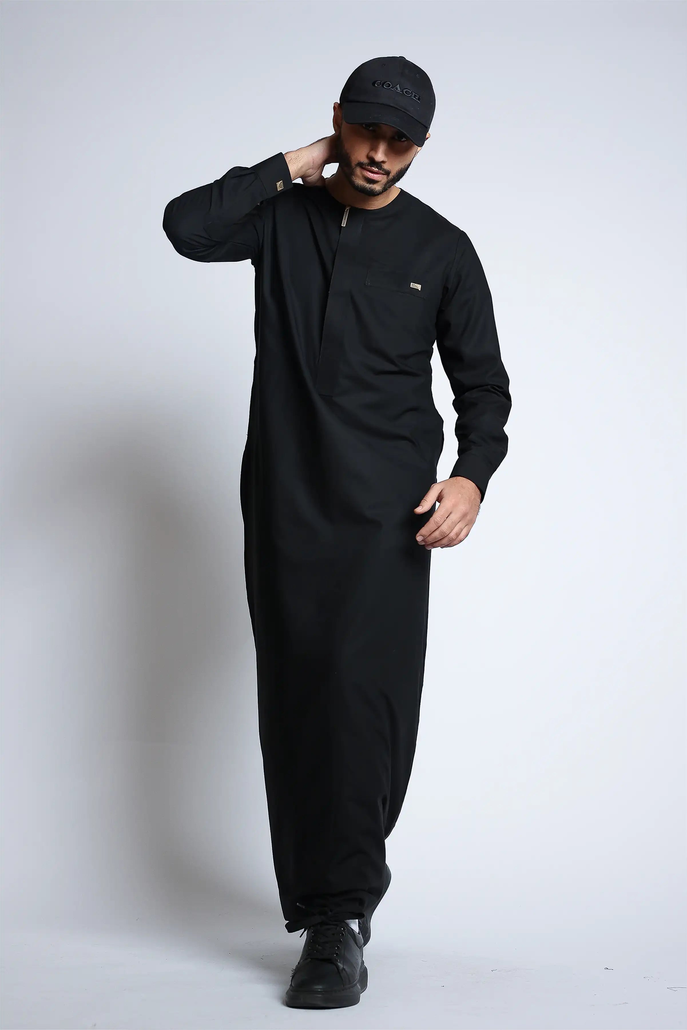 J108 Black & Gold Buckle Kids Thobe - Traditional Arabic Dress for Boys - Perfect for Eid, Weddings & Special Occasions