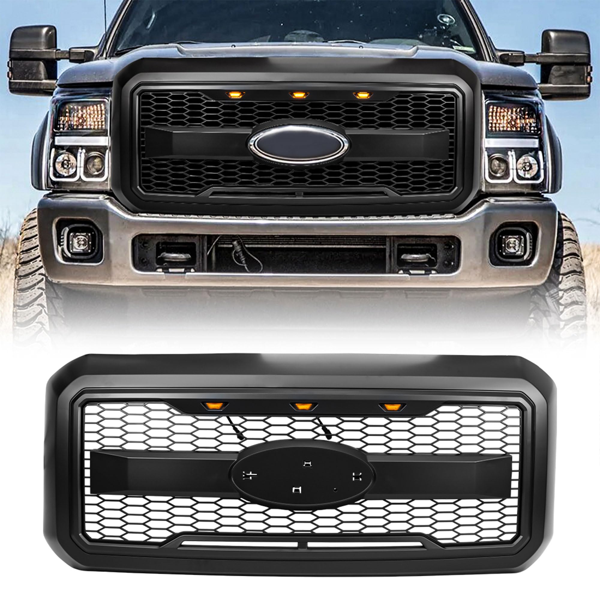 2011-2016 Ford F250 F350 F450 F550 Matte Black Raptor Style Grille with Amber LED Lights | Heavy Duty Truck Front Grille Replacement | Off-Road & Street Legal Upgrade