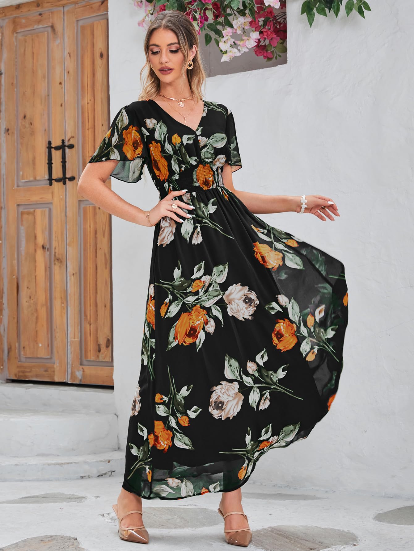 Boho Floral Maxi Dress for Women - Flowy Casual V-Neck Short Sleeve Wedding Guest Dress, Beach Holiday Long Dress for Summer Vacations & Outdoor Events