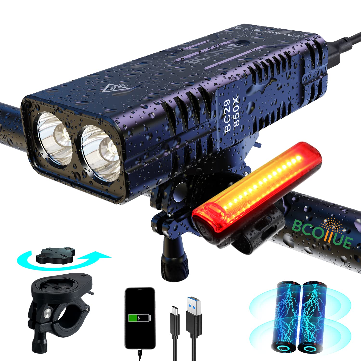 BCOIIUE 10000 Lumen Bike Headlight & Rear Light Set - 10000mAh Rechargeable Battery, 70+ Hours Runtime, IP65 Waterproof, 7 Lighting Modes, Quick-Release Mount - Perfect for Night Cycling, Commuting & Mountain Biking Safety