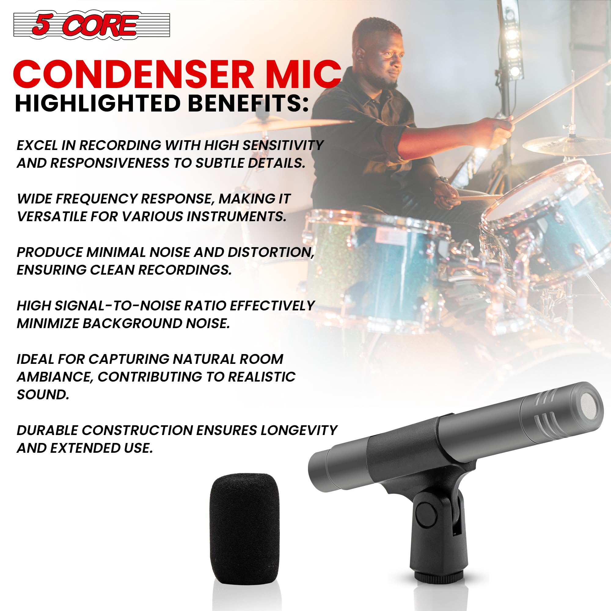 5 CORE Professional Condenser Microphone - Cardioid Unidirectional Pencil Mic for Studio Recording, Podcasting & Live Streaming (Includes Windscreen, Mic Clip & Case) - INSTRU MIC 300 Grey