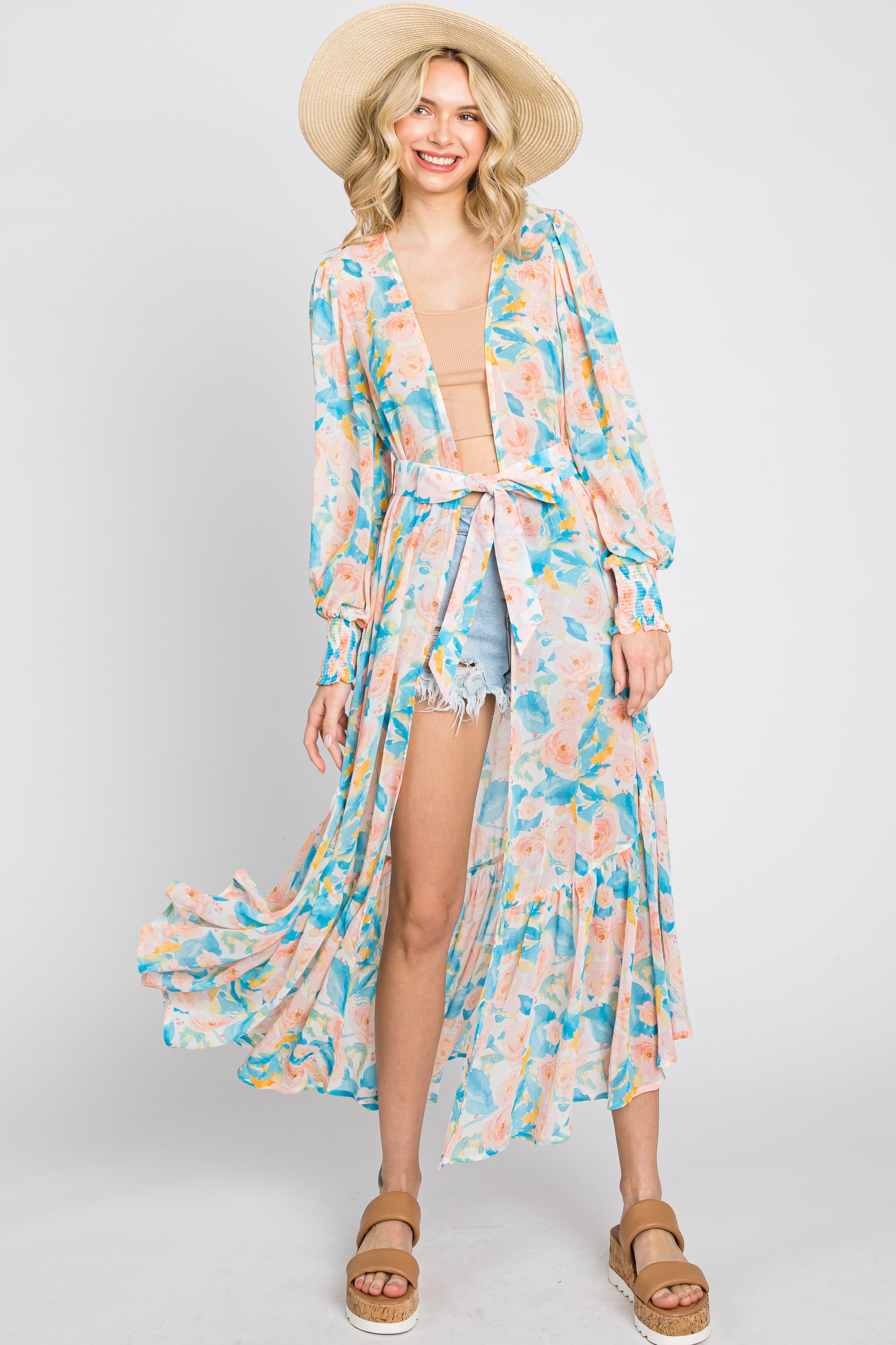 Aqua Floral Chiffon Beach Cover Up with Ruffle Hem - Lightweight Swimwear Cover Up for Women, Perfect for Pool, Beach Vacation and Summer Outfits