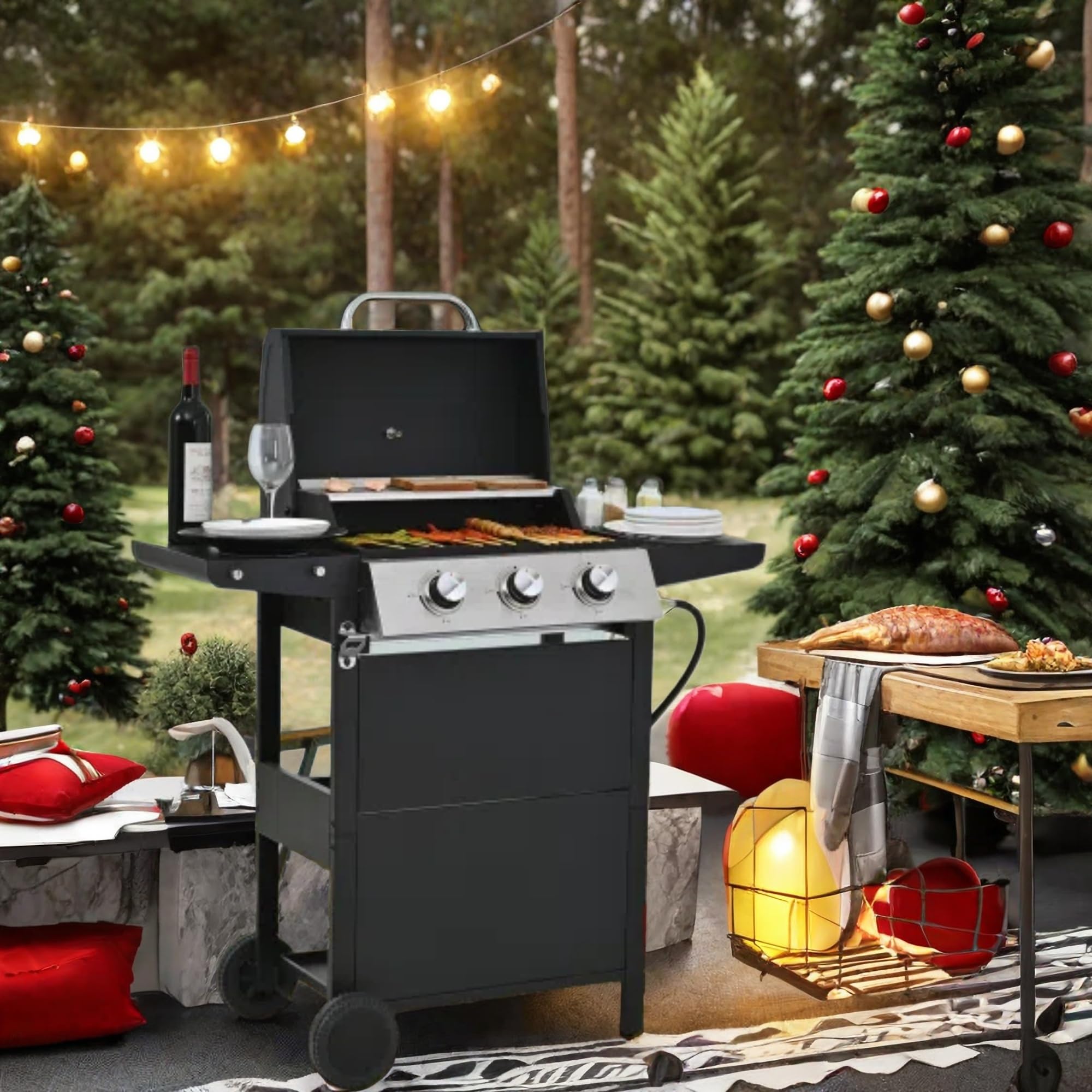 **25,650 BTU Propane Gas Grill - 3 Stainless Steel Burners with Built-in Thermometer - All-Weather Outdoor BBQ Grill for Backyard, Patio & Camping - Black**