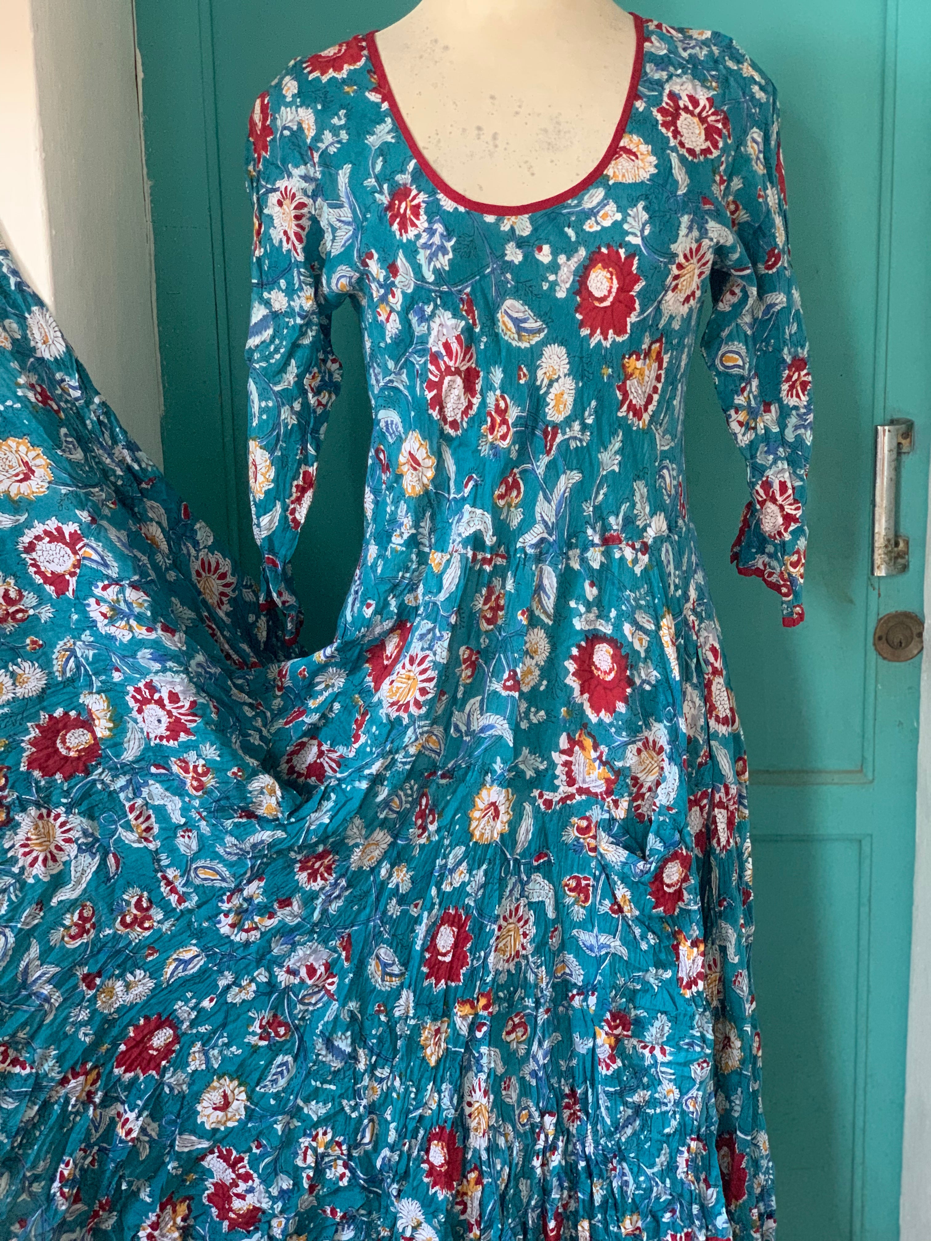 Stylish Jaipur Turquoise Long Sleeve Sun Dress - Perfect for Summer Vacations, Beach Getaways & Boho Fashion