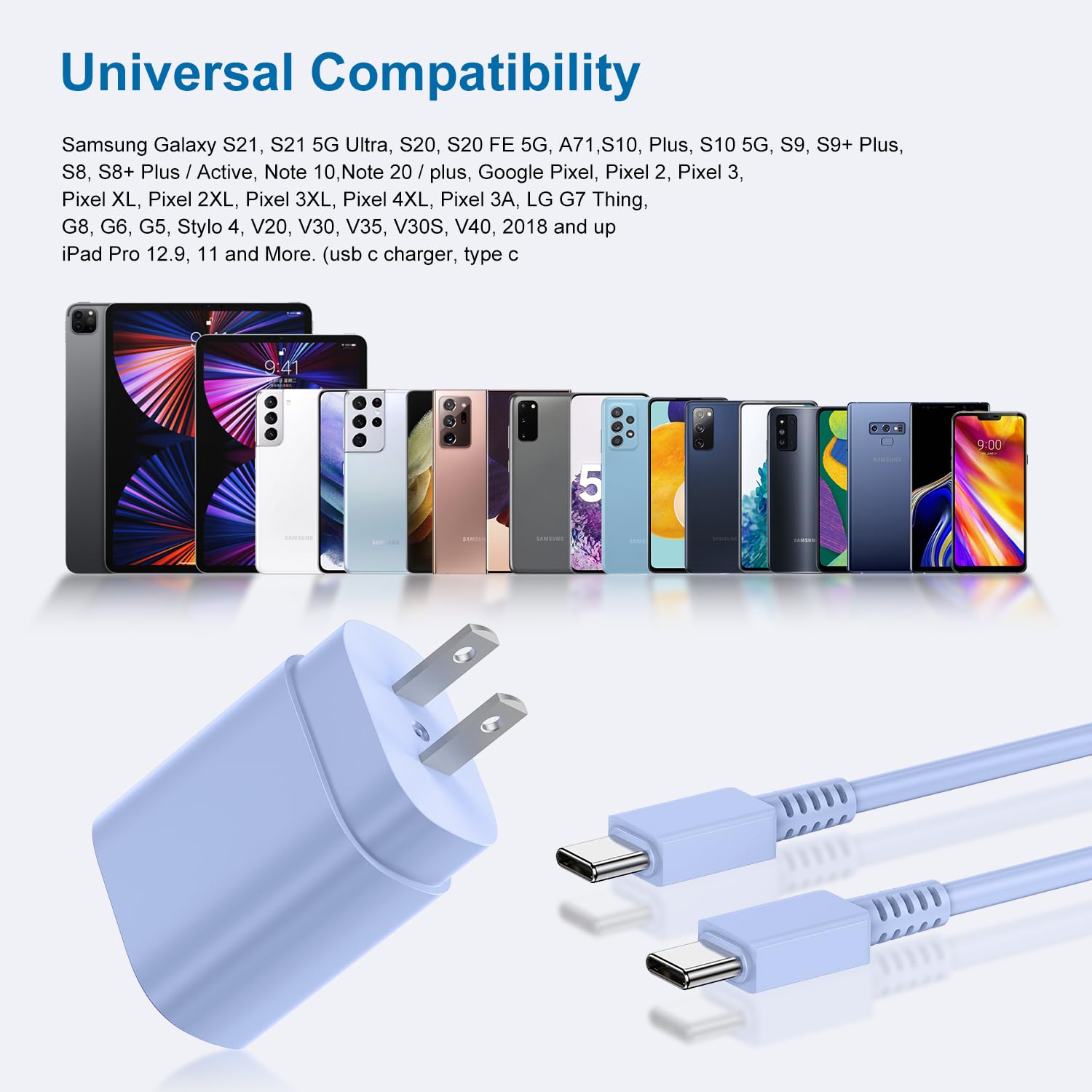 25W PD USB C Fast Charger 2-Pack with 3ft Cable - Super Fast Charging Block for Samsung Galaxy S23/S22/S21/S20/Note 20/10/9/8, Pixel 6/5/4 Pro XL - Perfect for Home, Office & Travel Charging