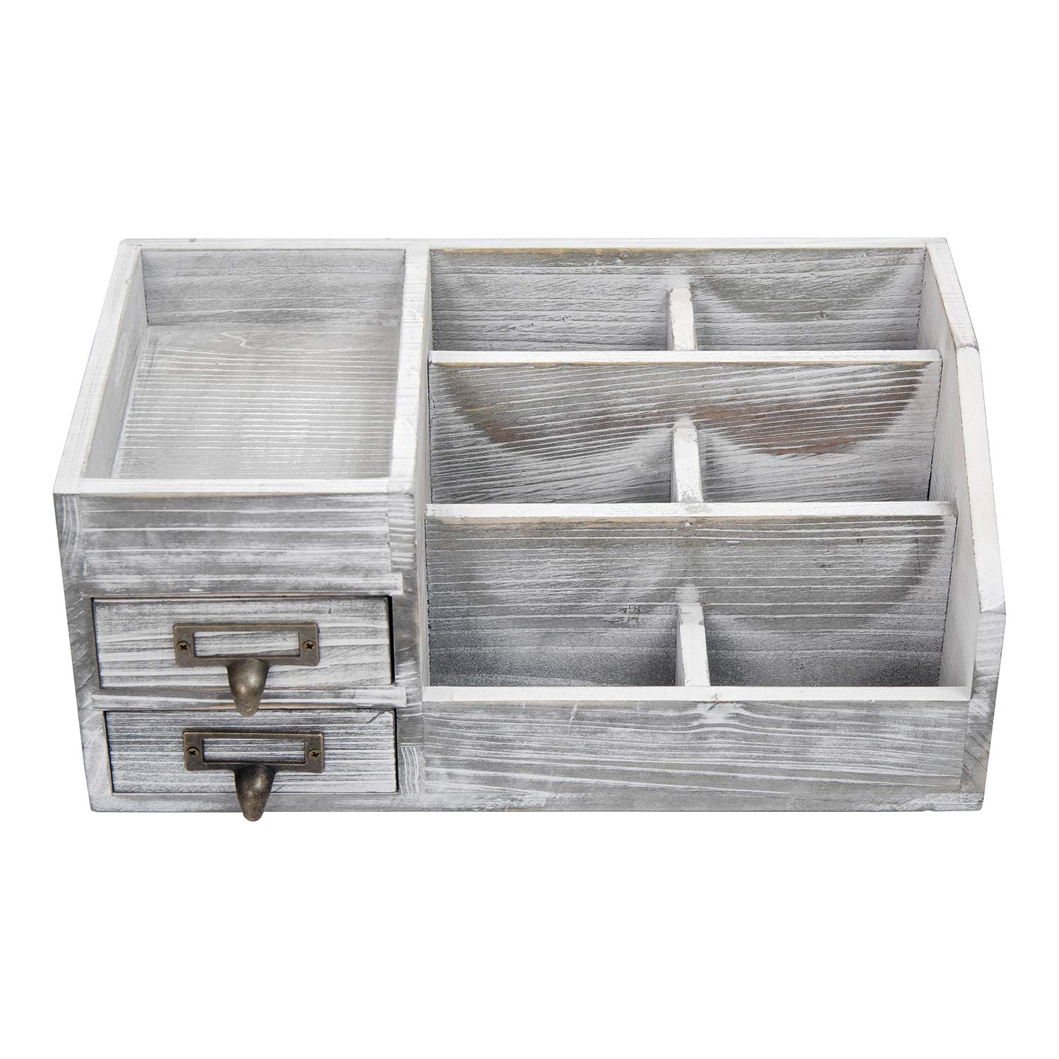 Distressed Rustic Wooden Office Desktop Organizer - 2-Tier Drawer Shelf with Multiple Compartments for Jewelry Storage | Perfect for Desk, Vanity & Home Organization | Gray Finish | Ideal for Office Supplies, Makeup Display & Small Item Storage