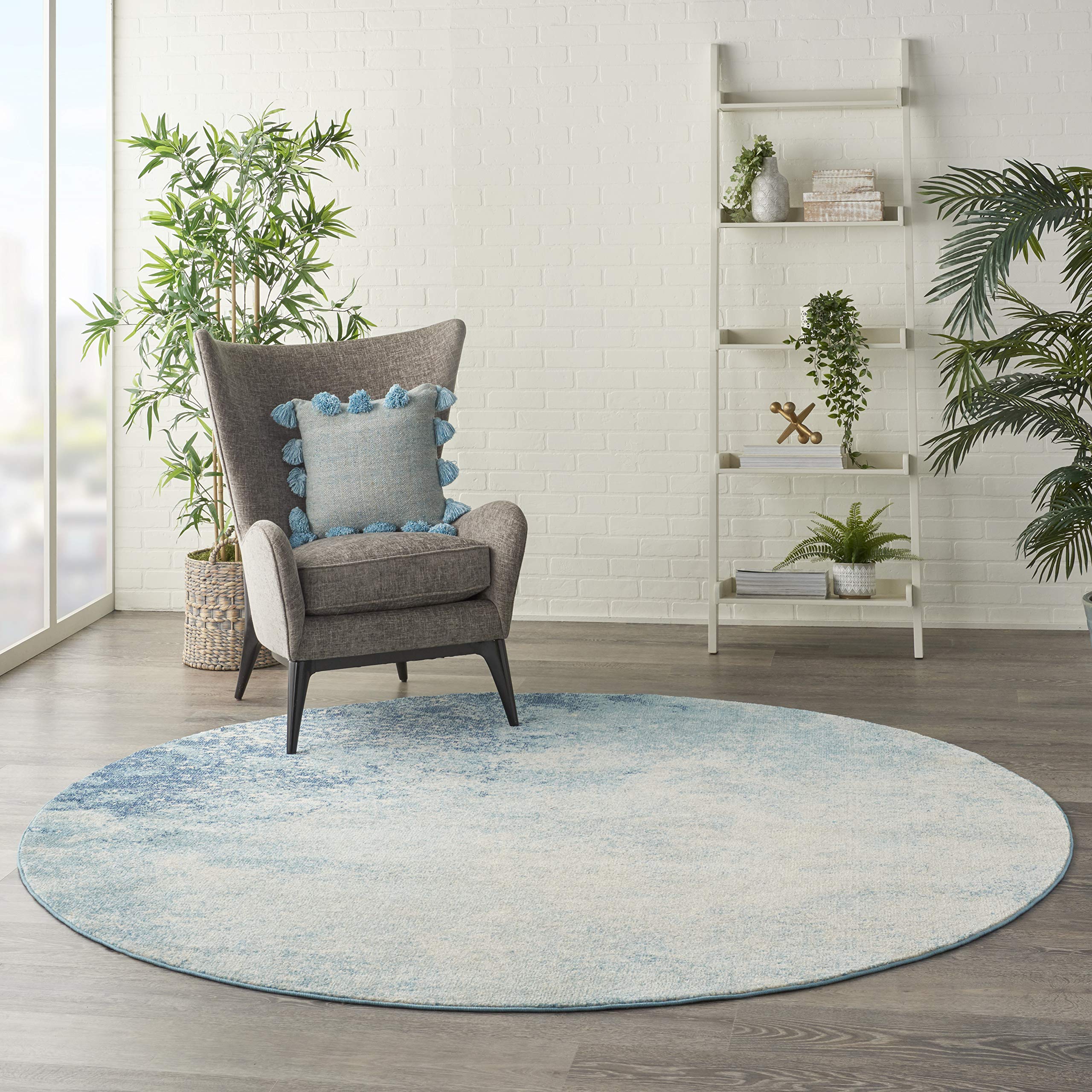 Nourison Passion Navy/Light Blue 8' Round Area Rug - Modern Abstract Design, Easy Cleaning, Non-Shedding - Perfect for Bedroom, Living Room, Dining Room & Kitchen Decor