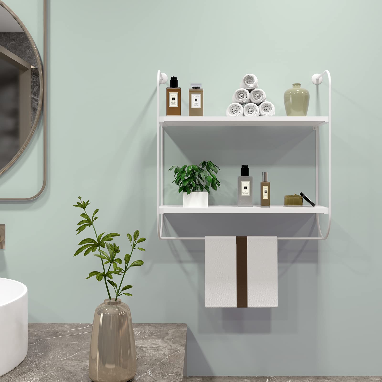 WELLAND 2-Tier White Wall Mounted Bathroom Shelf with Towel Rack - 17 Inch Floating Shelves for Toilet Storage - Space Saving Bathroom, Living Room & Kitchen Organization - Perfect for Small Spaces, Apartments & Home Decor