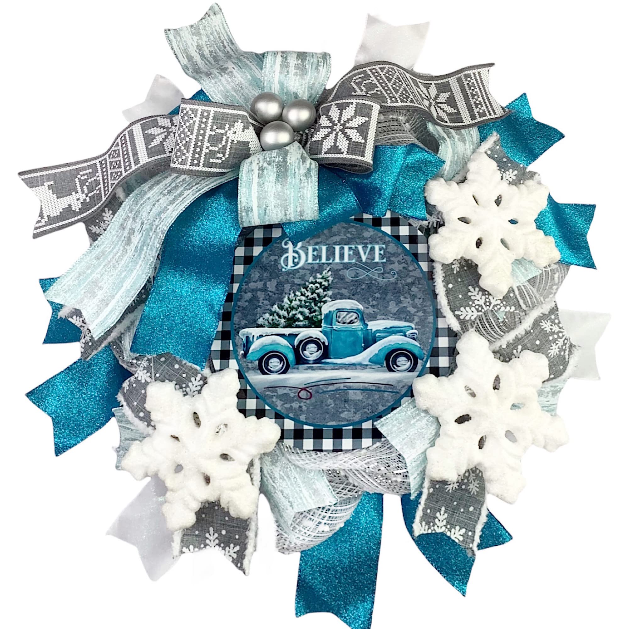 Handmade Christmas Wreath with Blue Truck Design - Ice Blue, Turquoise & Silver Grey Holiday Door Hanger - Festive Home Decor for Front Door, Fireplace & Seasonal Celebrations