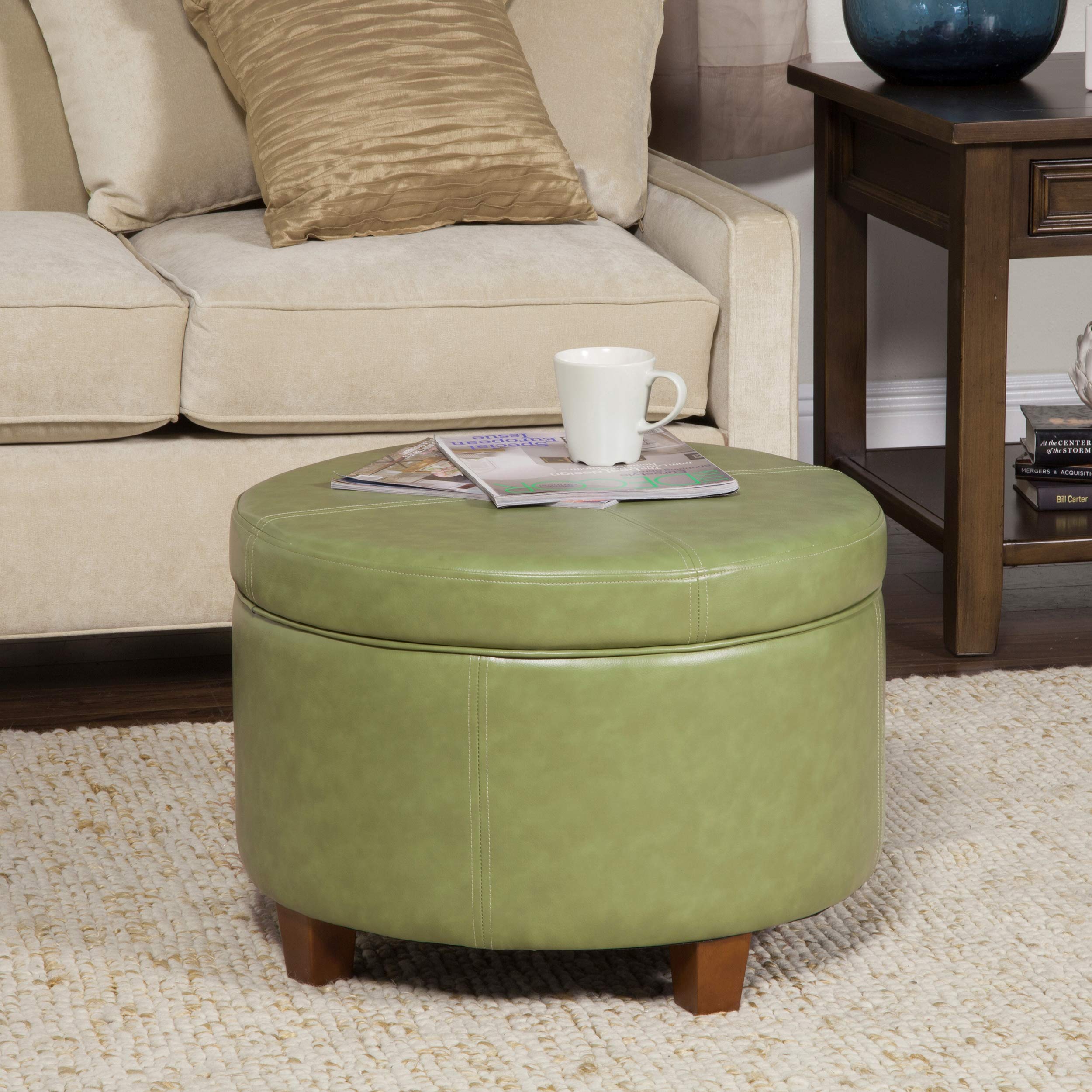 HomePop Large Round Leatherette Storage Ottoman with Lift-Top Lid in Moss Green - Perfect for Living Room, Bedroom & Home Organization