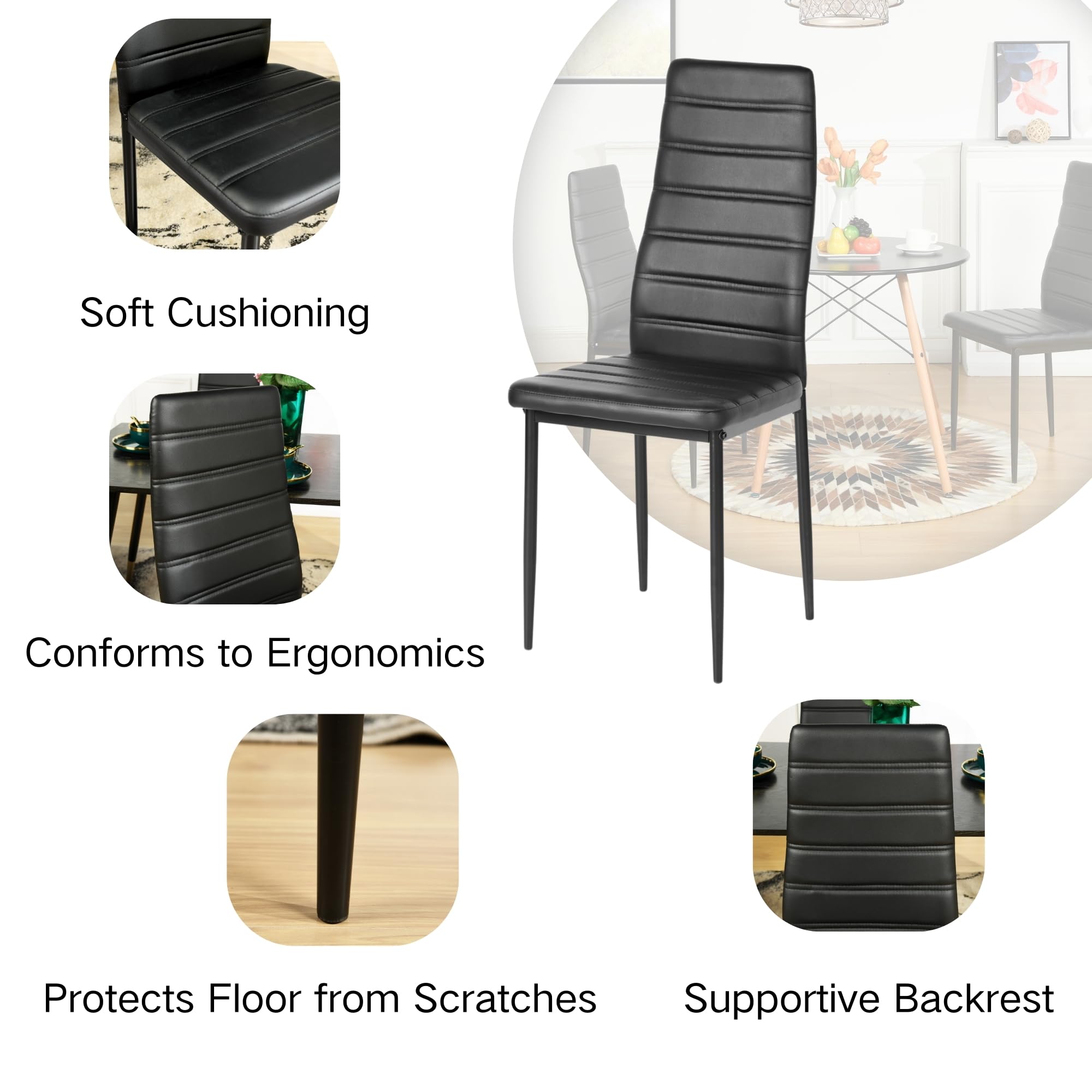 Homy Casa Set of 6 Modern Dining Chairs - Armless Upholstered Side Chairs with PVC Fabric & Sturdy Metal Legs, Comfortable Padded Kitchen Dining Room Living Room Chairs in Black - Perfect for Home, Restaurant, Cafe and Office Use