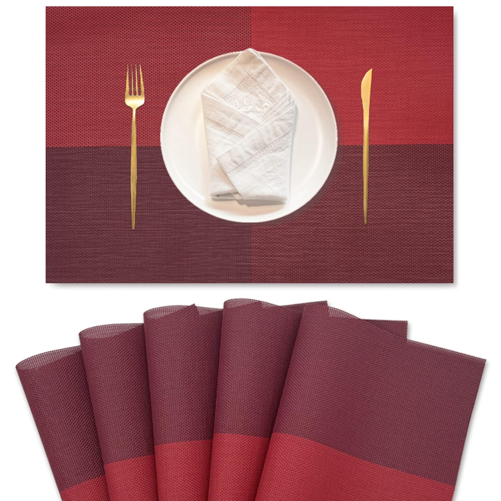 6-Pack PVC Heat-Resistant Placemats Set - Double Sided Washable Table Mats for Kitchen, Dining & Restaurant Use - Easy to Clean & Durable - Bright Red Decorative Placemats for Everyday Meals, Dinner Parties & Holiday Gatherings