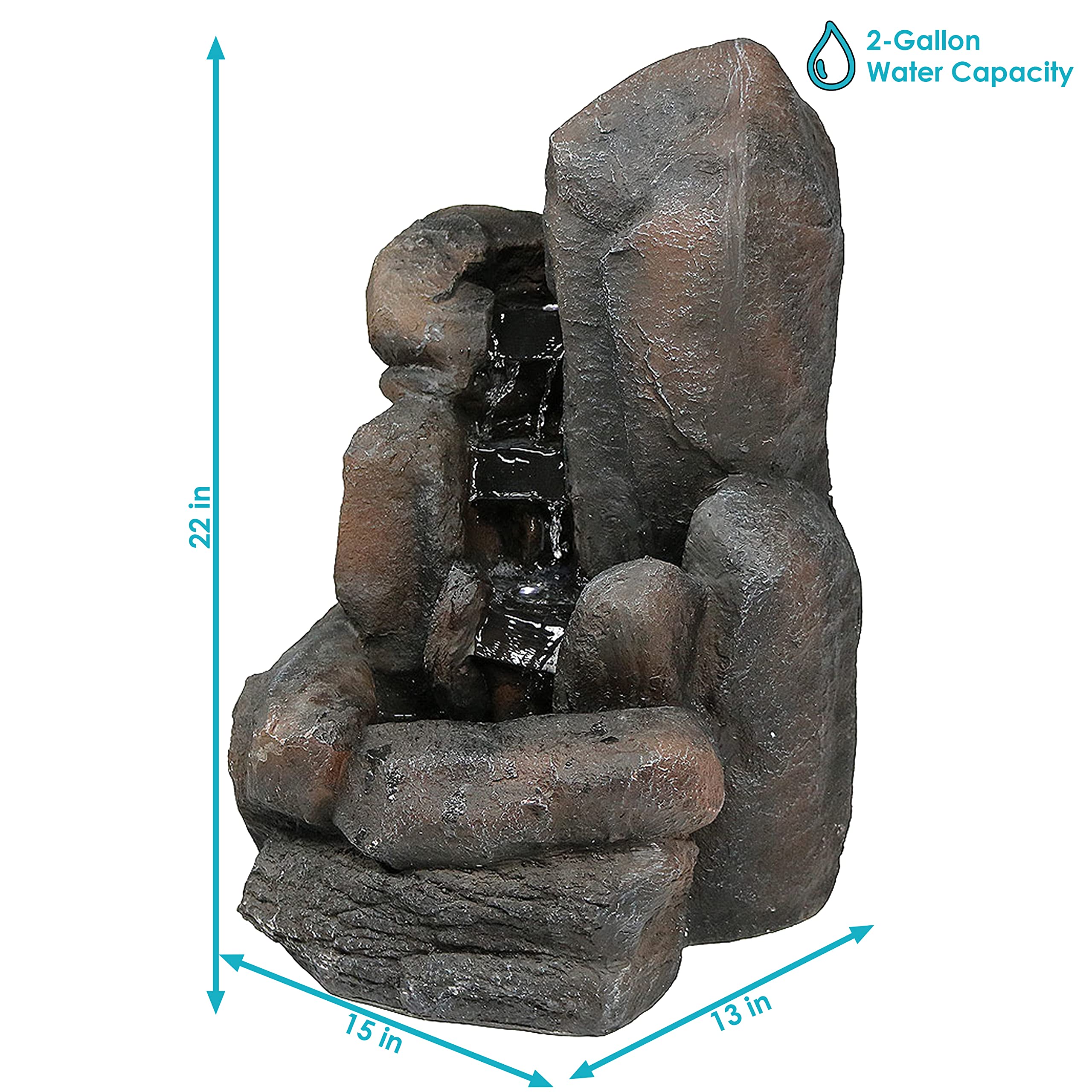Sunnydaze Rock Falls 22-Inch Solar Fountain with Battery Backup & LED Lights - Submersible Water Pump - Durable Polyresin & Fiberglass Design - Perfect for Garden, Patio, and Outdoor Decor