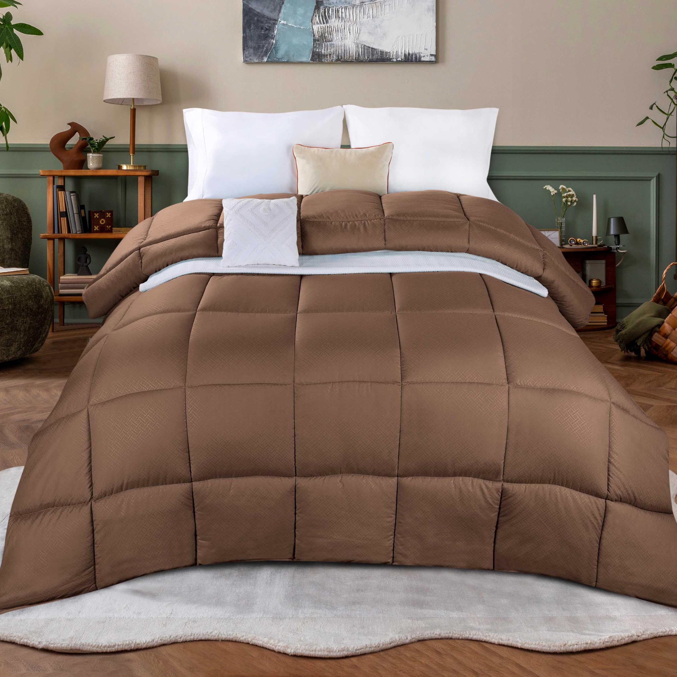 Premium Microfiber Basketweave Comforter - Down Alternative Bedding Set | Medium Weight Fluffy Duvet Insert | Oversized King Blanket with Box Quilt Design | Monochrome Taupe for Cozy Bedroom Decor | Perfect for Guest Rooms, Master Bedrooms & Luxury Hotels