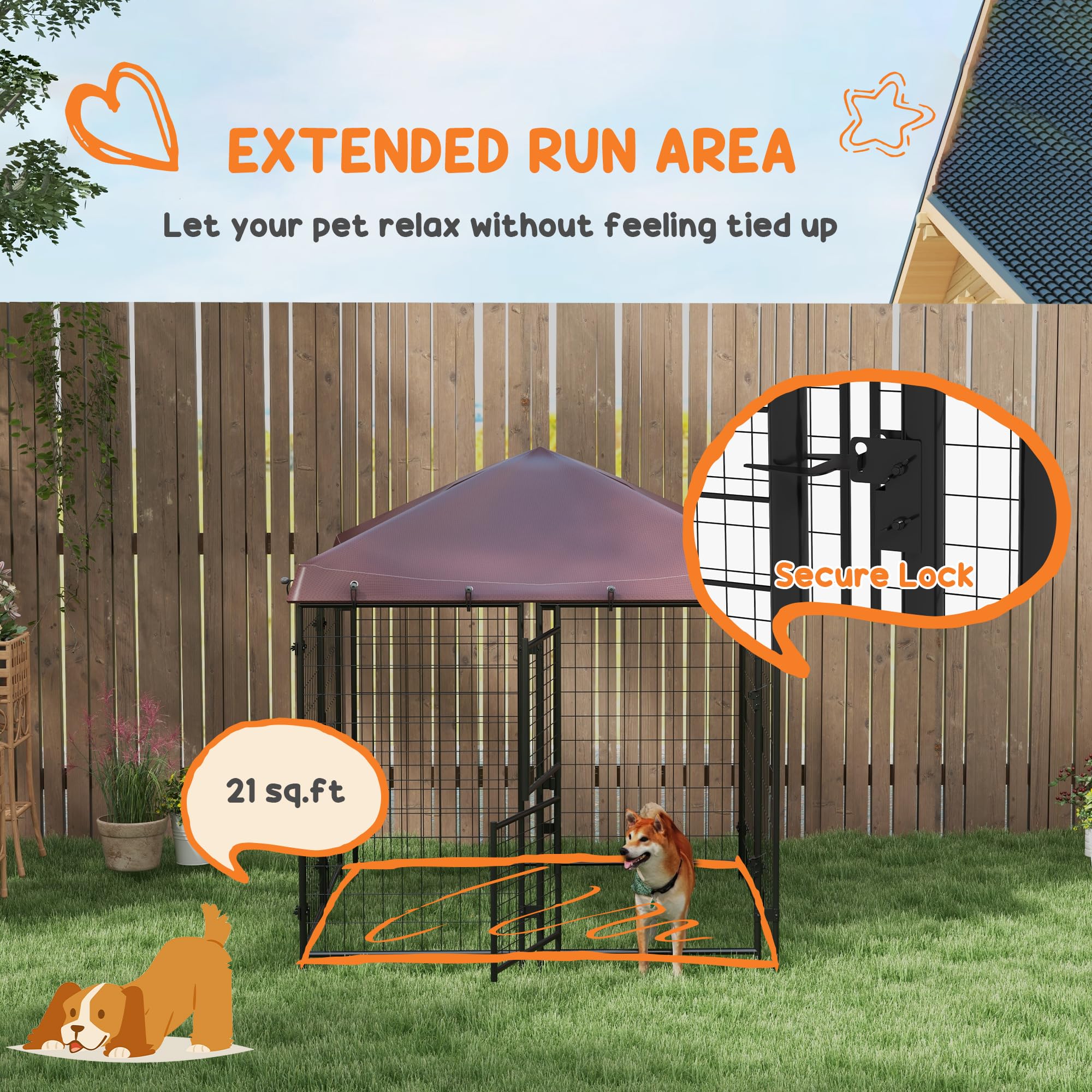 PawHut 4.6' x 5' Outdoor Dog Kennel with Waterproof Cover - Playpen for Small & Medium Dogs, Two-Part Door Design, Brown - Perfect for Backyard, Patio & Pet Safety