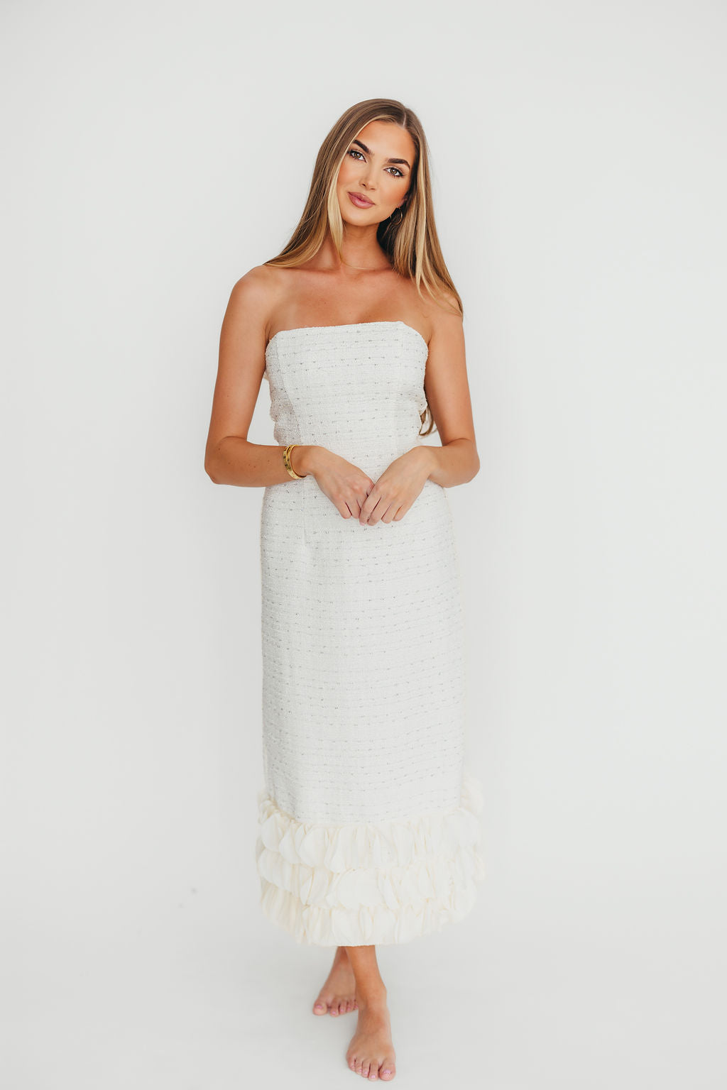 Whitney Tweed Strapless Maxi Dress in Off White - Elegant Formal Gown for Weddings, Parties & Special Occasions