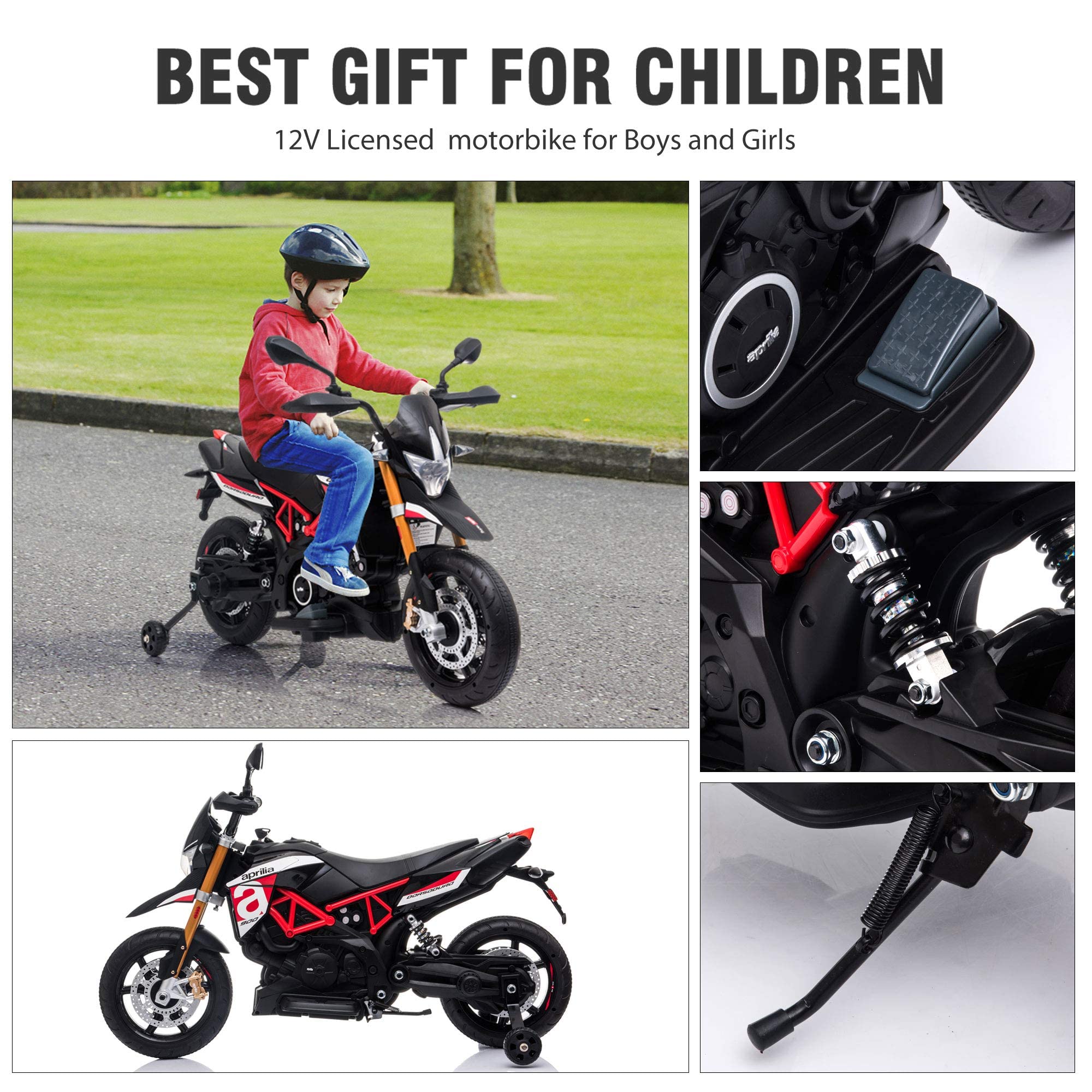TOBBI 12V Aprilia Licensed Kids Electric Ride-On Motorcycle - Dirt Bike Toy with Training Wheels, Spring Suspension, LED Lights & Music - USB MP3 Player Included (Red) - Perfect Outdoor & Indoor Play for Boys & Girls Ages 3-8 Years