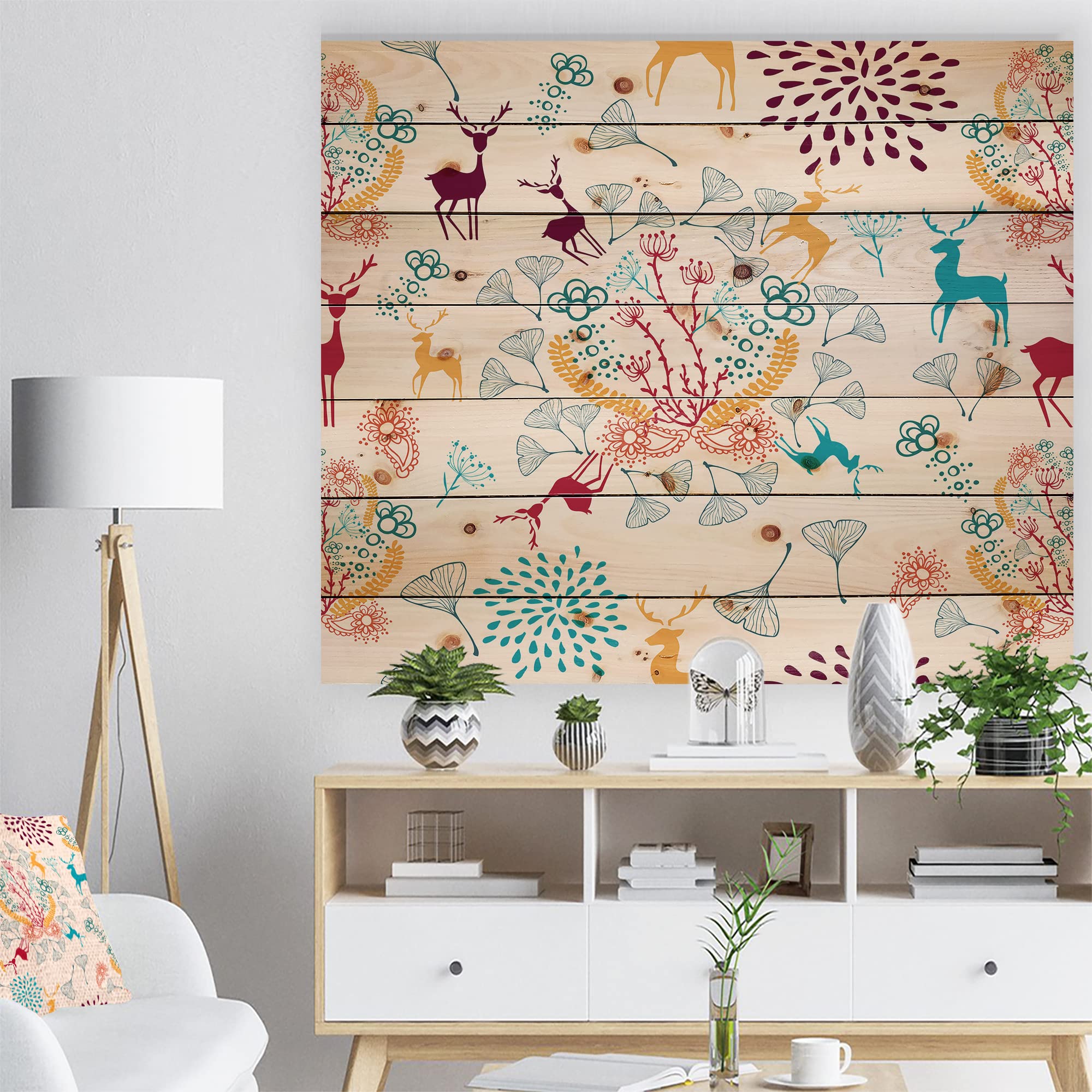 DesignQ Yellow Blue Brown Reindeer Christmas Pattern Traditional Wood Wall Decor - Blue Wood Wall Art - Large Animals Wood Panels Printed on Natural Pine - Holiday Home Decoration for Living Room, Bedroom & Office