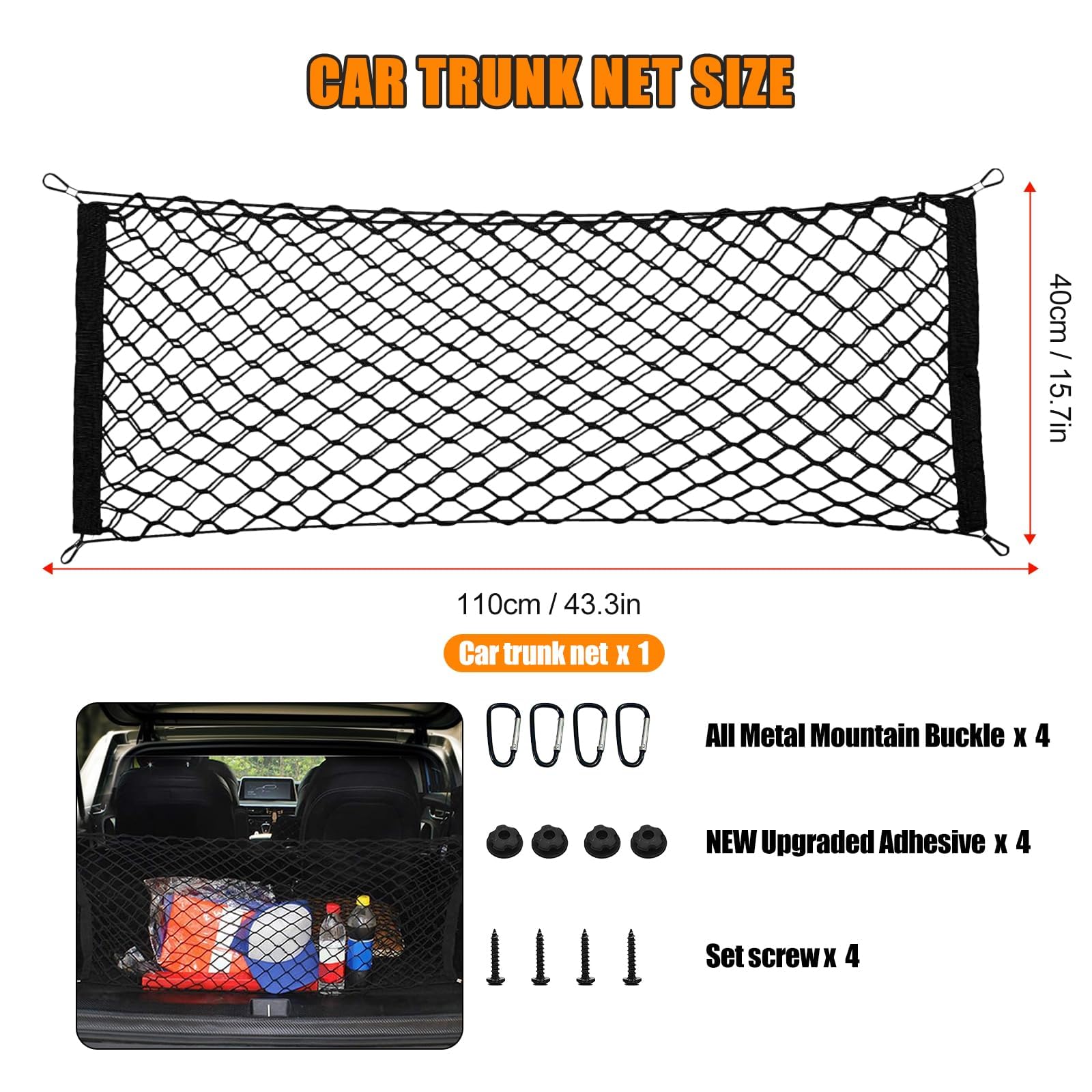 43.3” x 15.7” Universal Cargo Net Trunk Bed Extender - Heavy Duty Mesh Truck Bed Organizer with Metal Hooks - Car Exterior Accessories for Secure Storage - Perfect for SUVs, Pickup Trucks & Road Trips