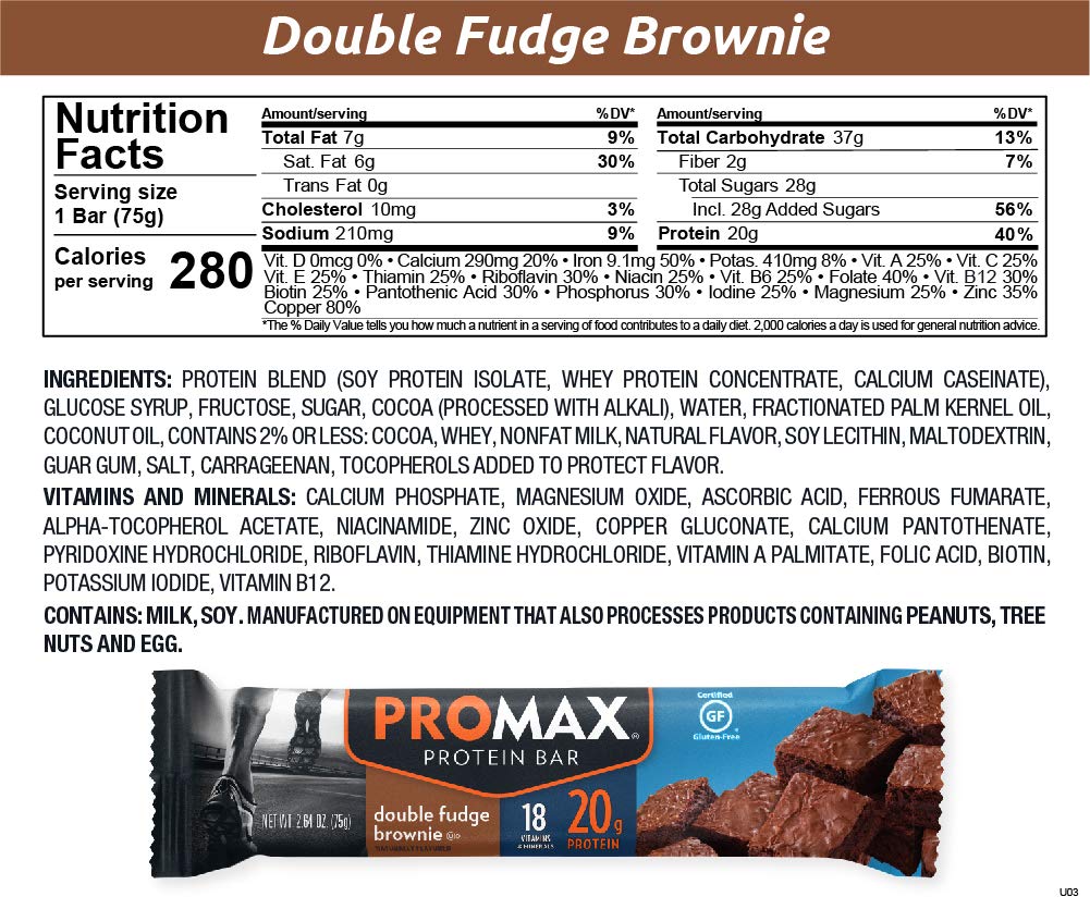 Promax Protein Bar - Double Fudge Brownie Flavor, 20g High Protein, Gluten Free, Low Sugar, 12 Pack - Perfect for Post-Workout Recovery, Healthy Snacking & On-the-Go Nutrition